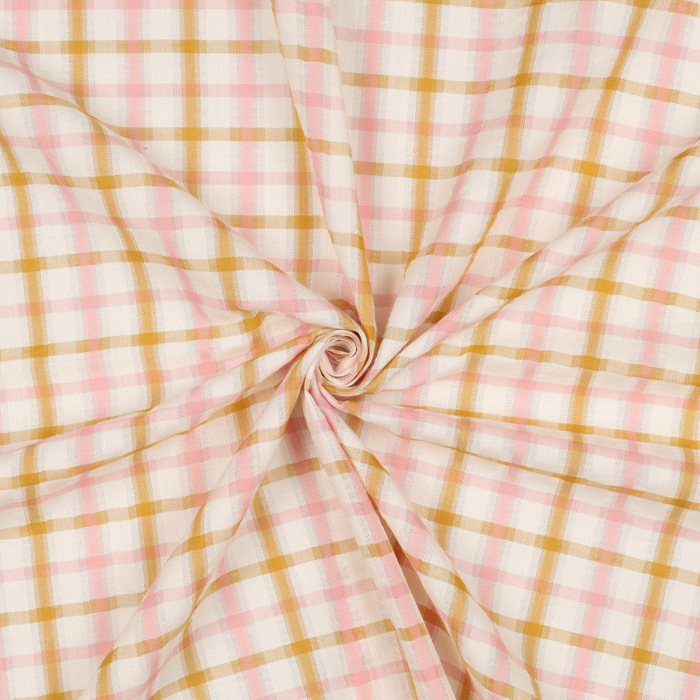 Geruite katoenen seersucker stof, yarn dyed, ecru, roze, mostergeel