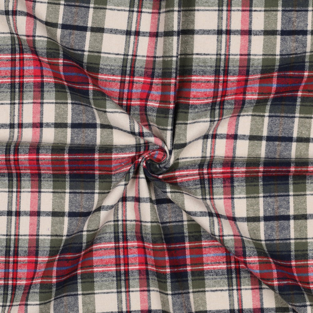 Katoenen stof met ruitjes in de kleuren rood navy groen en ecru.