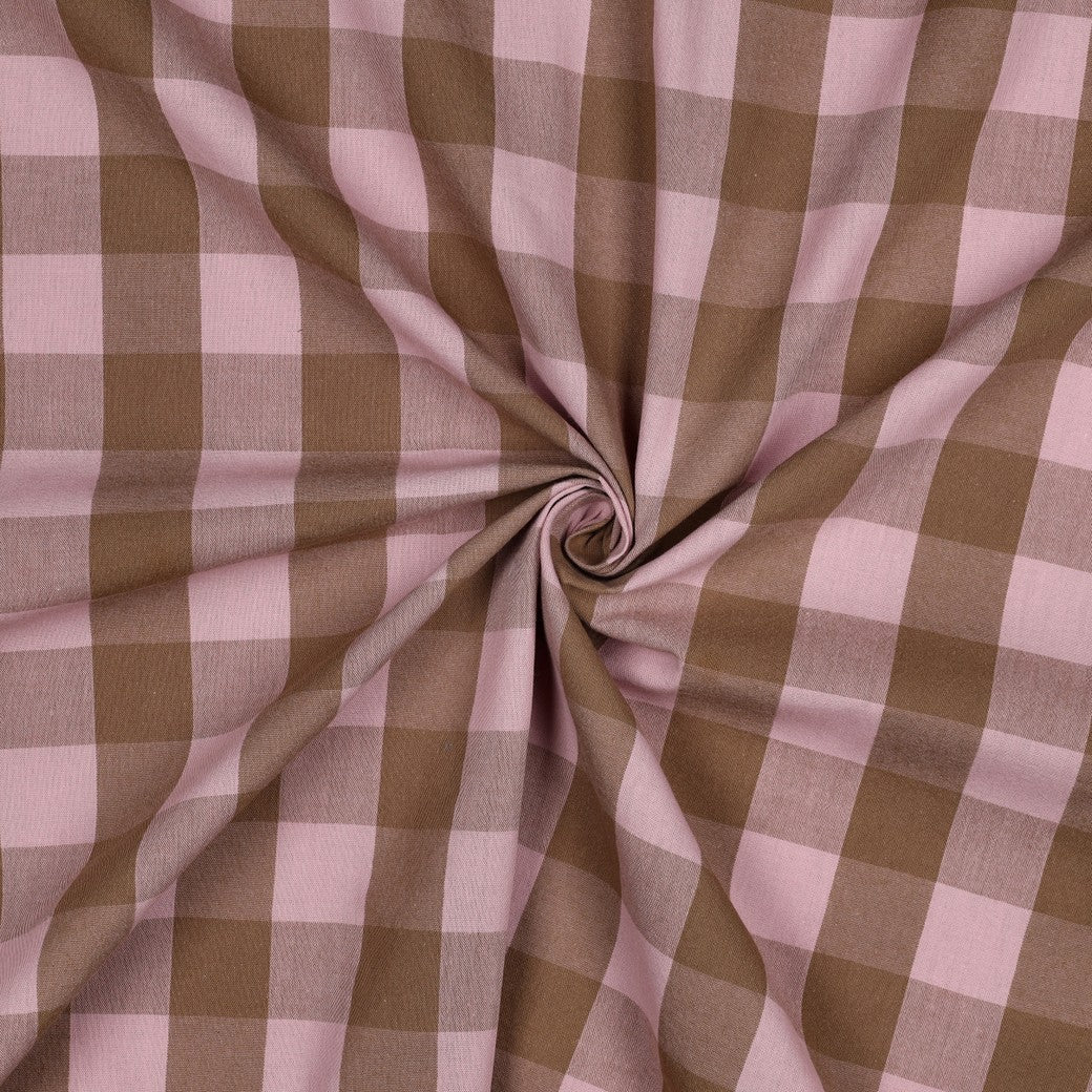 Katoen ruitstof garenverfd roze bruin ruitpatroon