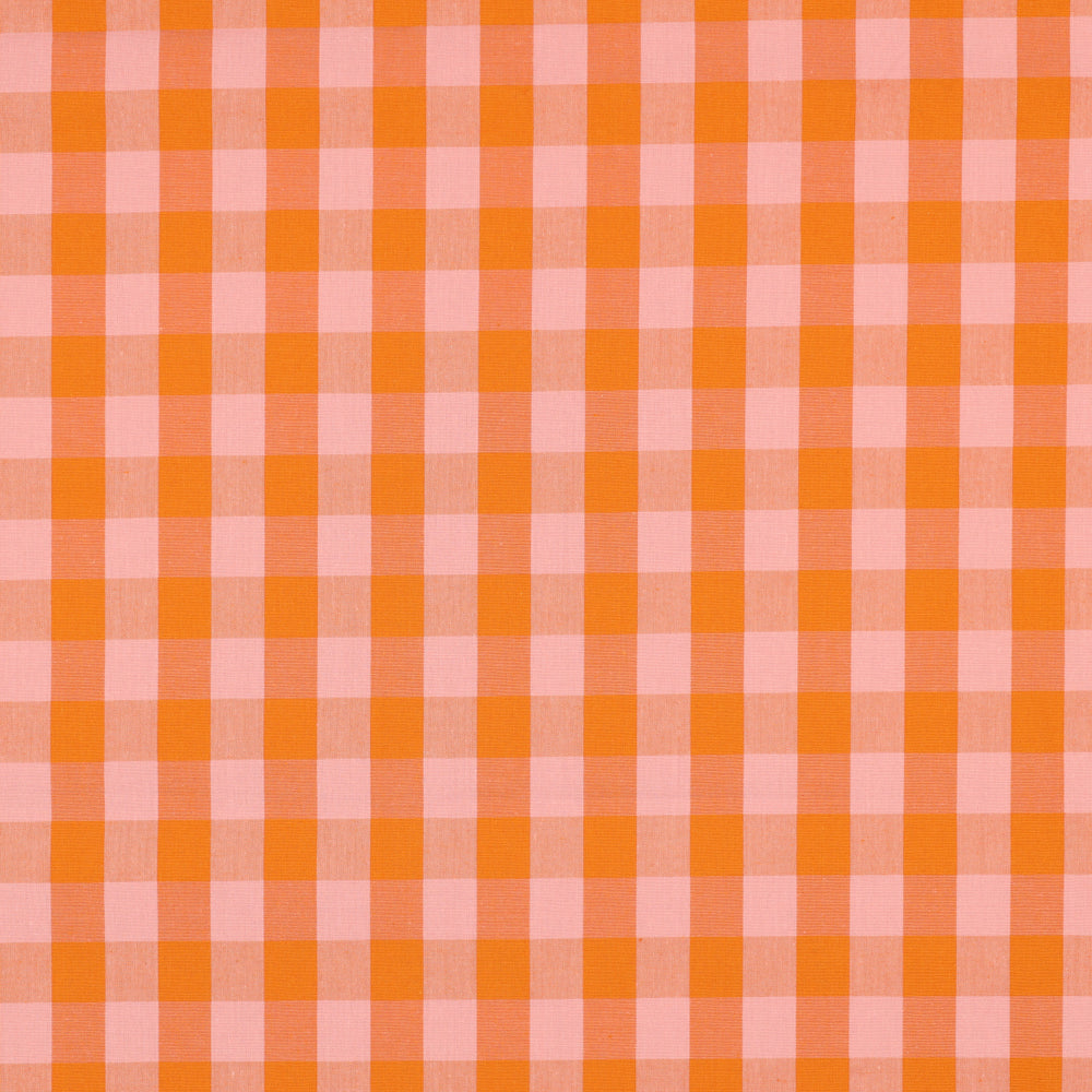 
                  
                    Oranje en lila ruiten katoenen stof.
                  
                