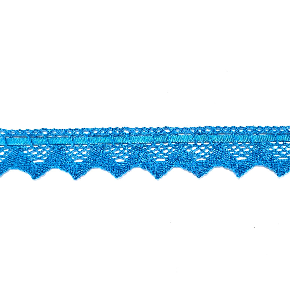 Blauwe katoenen kanten band met satijnlint van 25mm breed.