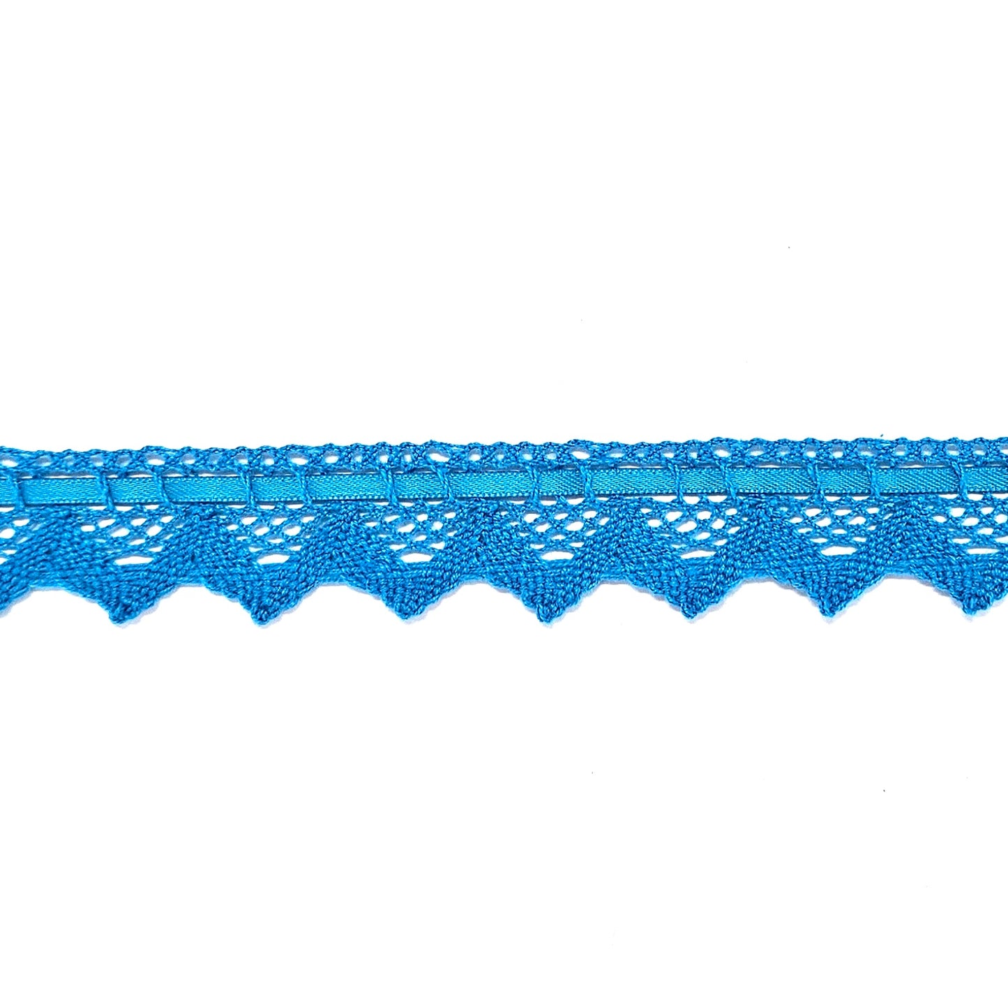 Blauwe katoenen kanten band met satijnlint van 25mm breed.