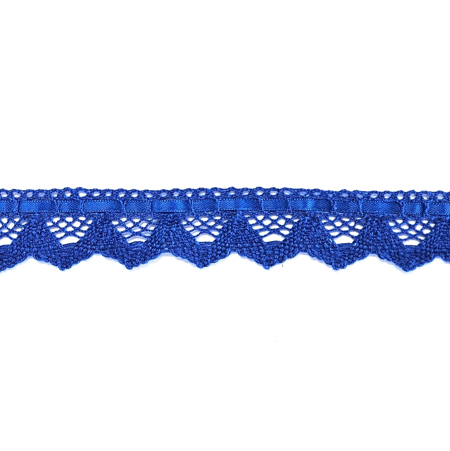 Kobalt blauwe katoenen kant met satijnlint 25mm breed.