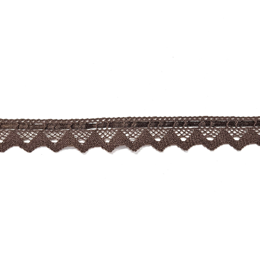 Bruin kanten band van katoen met satijnlint 25mm breed.