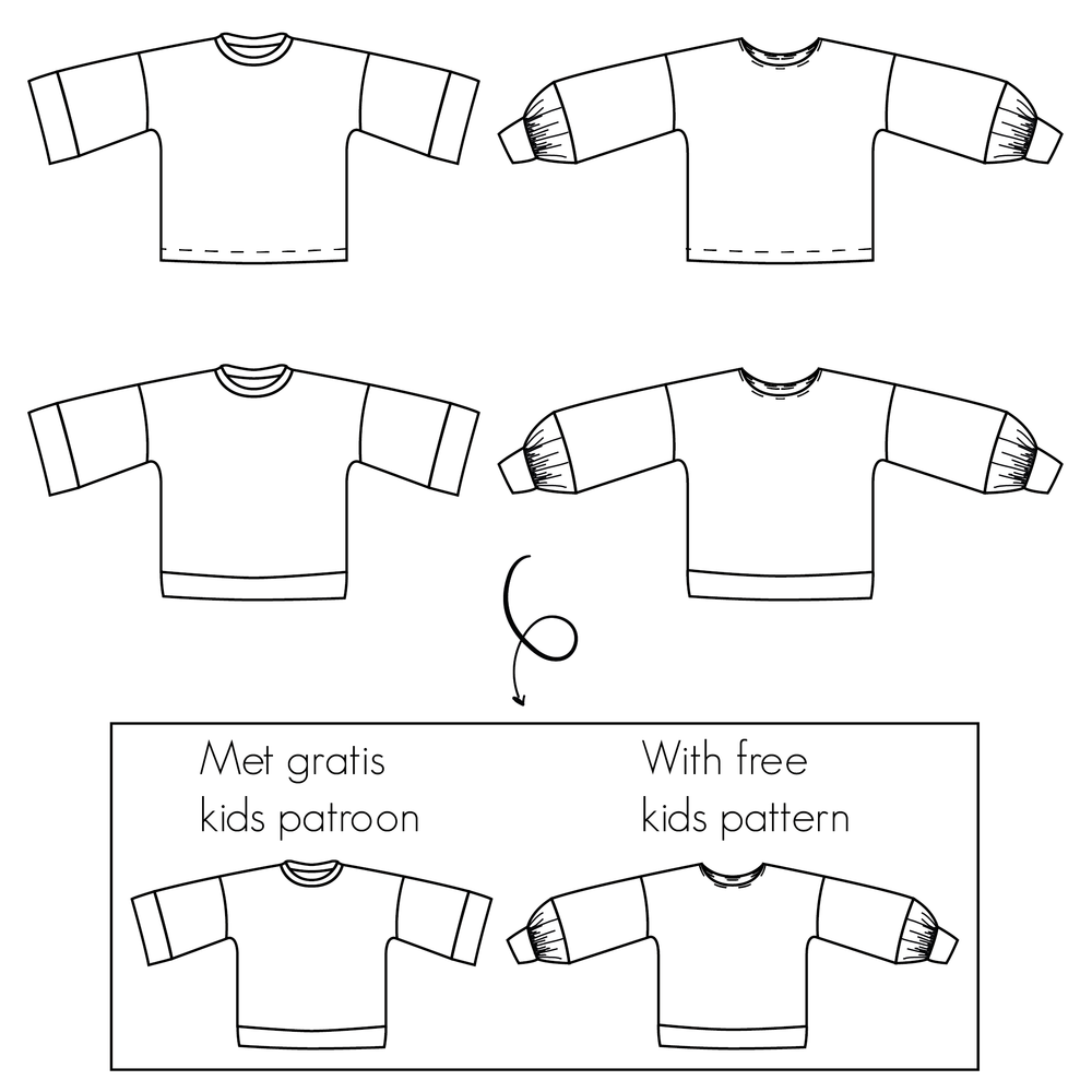 Papieren naaipatroon van een top en sweater voor dames en tieners en kinderen die je zelf kunt naaien.