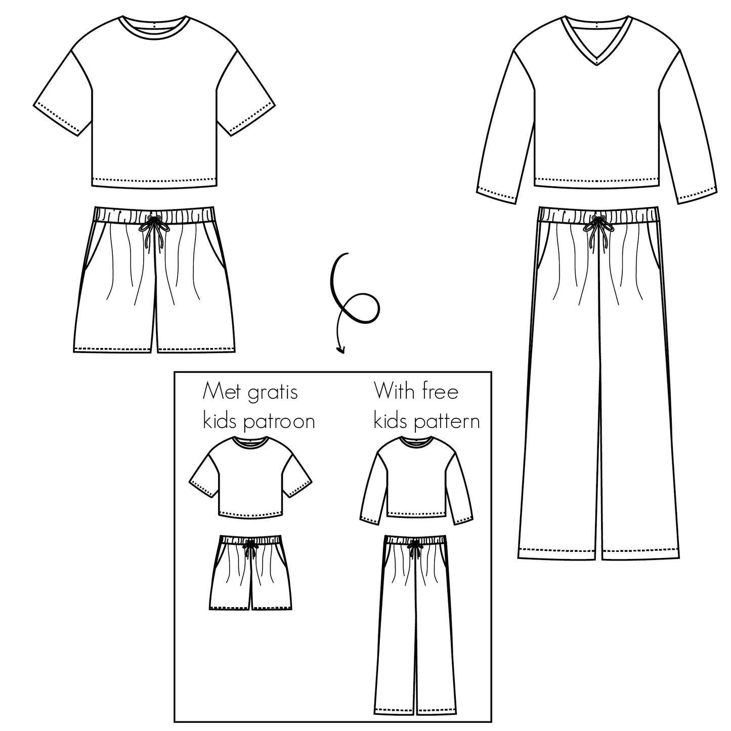 Papieren naaipatroon van loungewear zoals een shirt korte broek en lange broek.