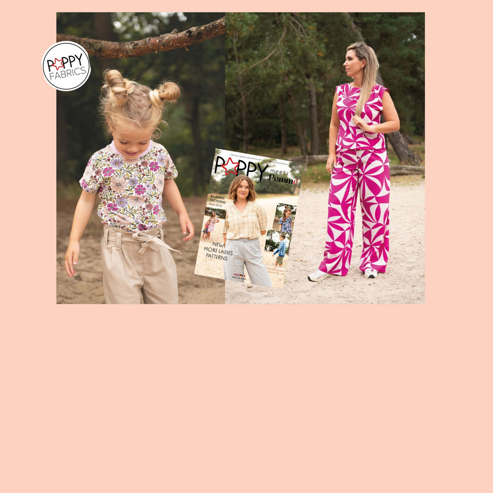 Dame met pak van magnolia stretch stof en meisje met gebloemde tricot en beige denim boek.