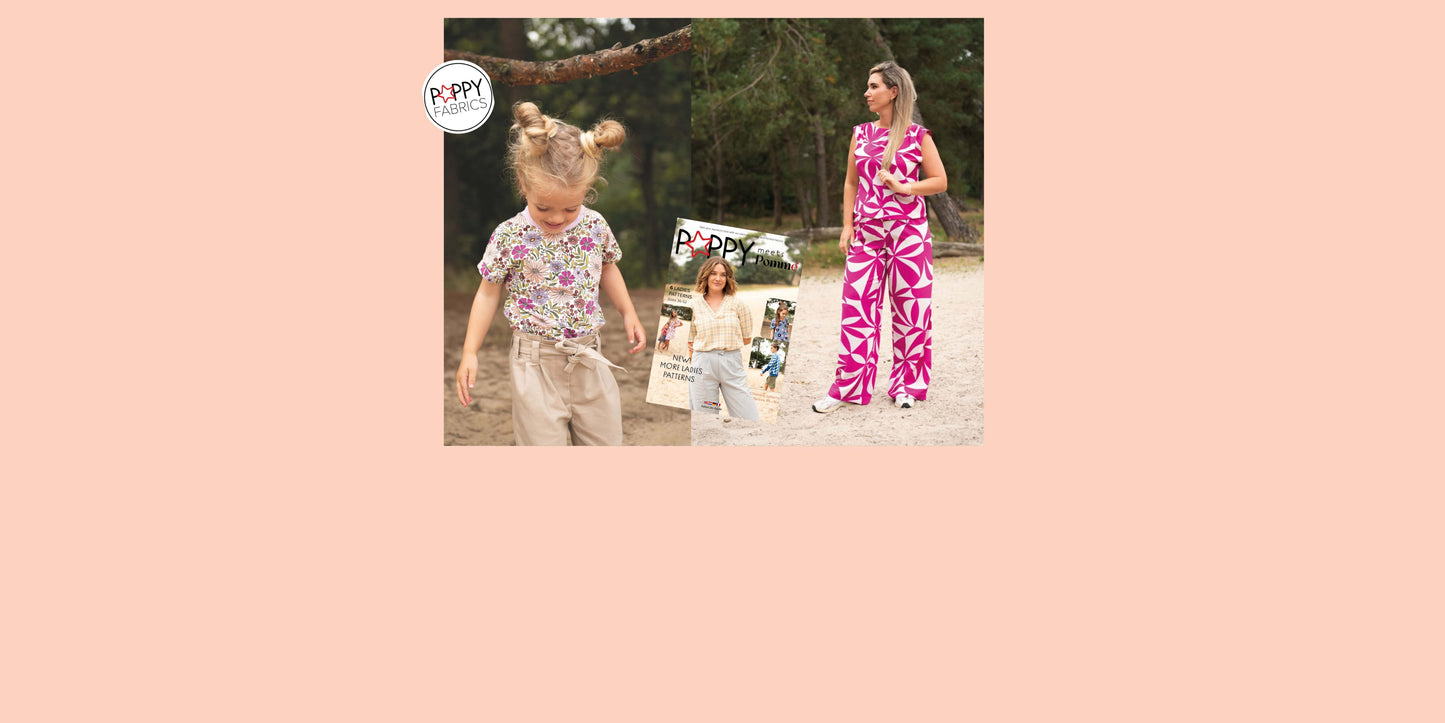 Dame met pak van magnolia stretch stof en meisje met gebloemde tricot en beige denim boek.