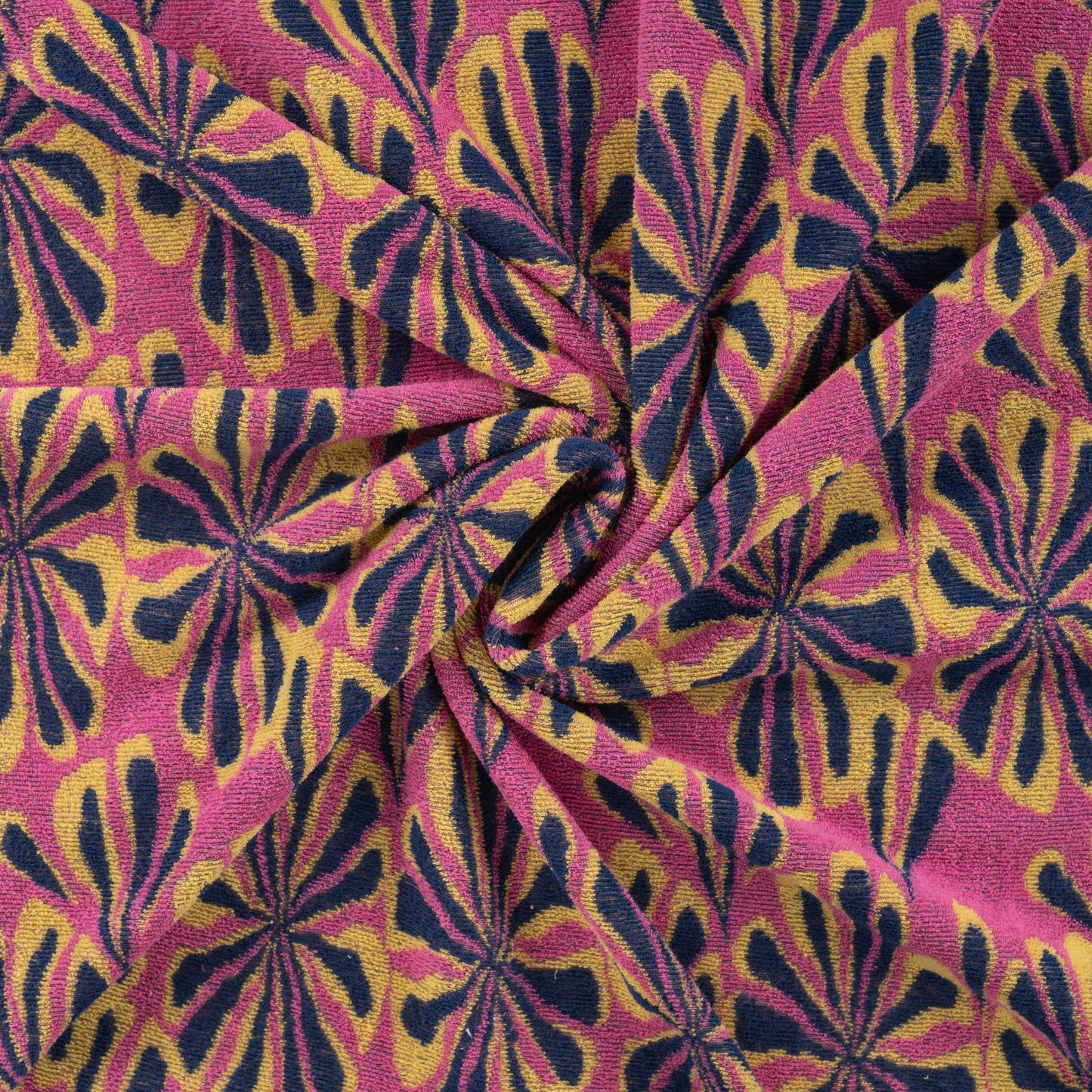 Roze rekbare badstof jacquard met blauw gele bloem.