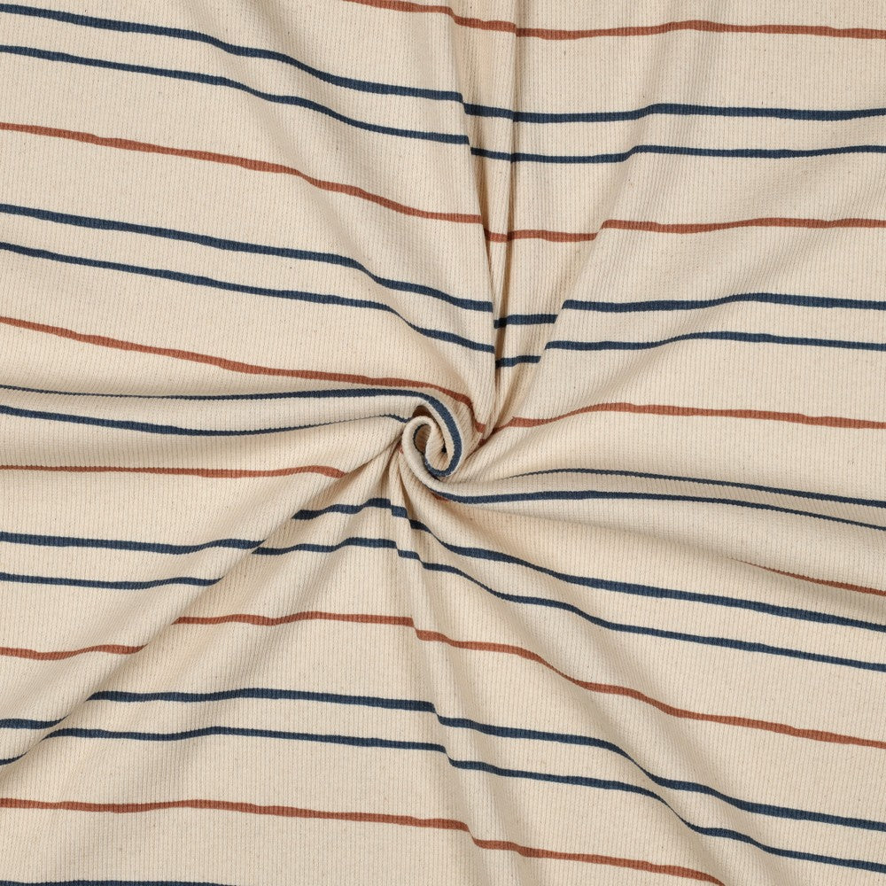 Naturel kleur rib jersey met bruine en blauwe strepen.