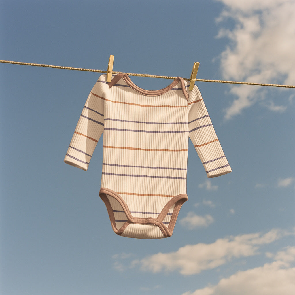 Romper gemaakt van ecru rib tricot met bruine en blauwe strepen.