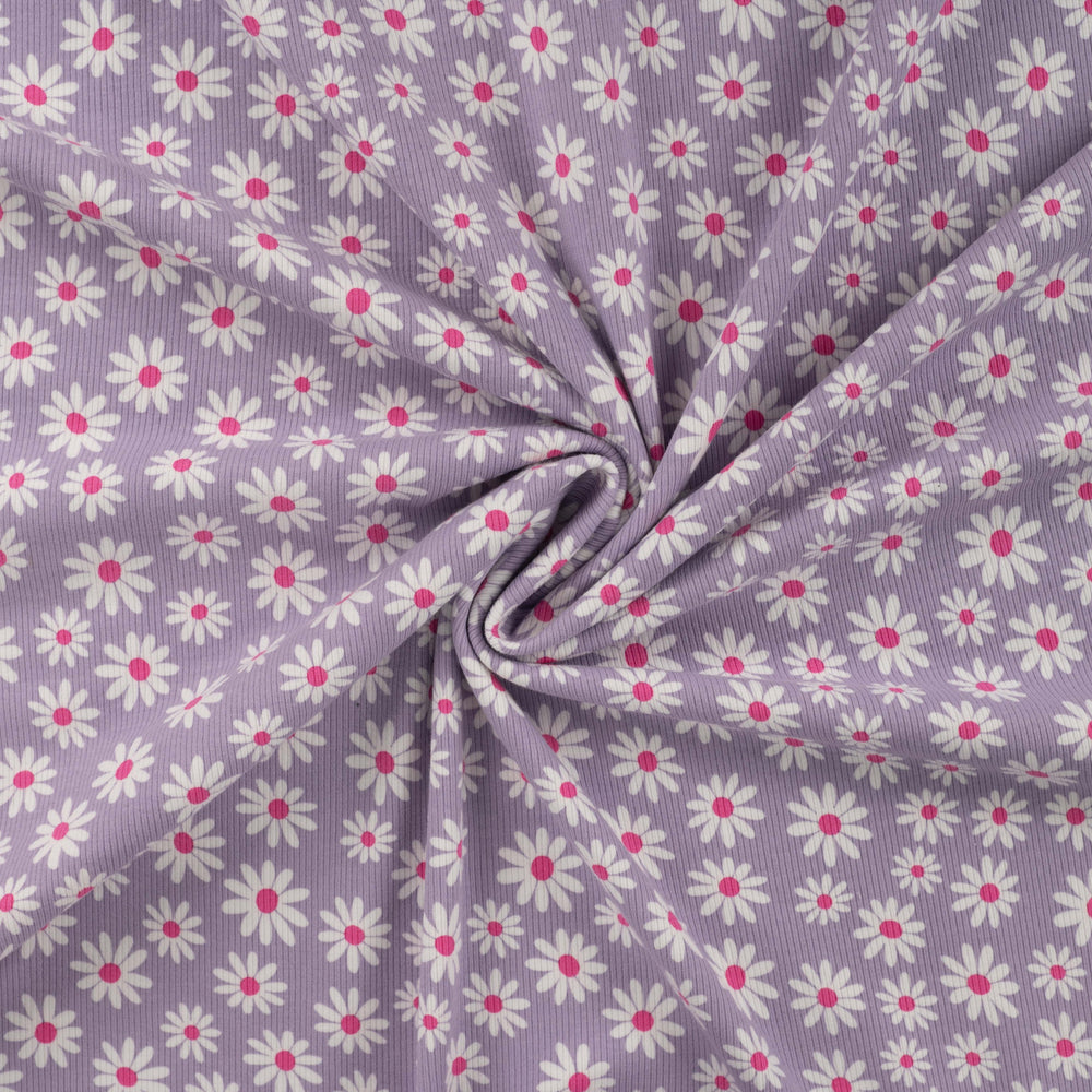 Ribjersey tricot stof lila met bloemen.
