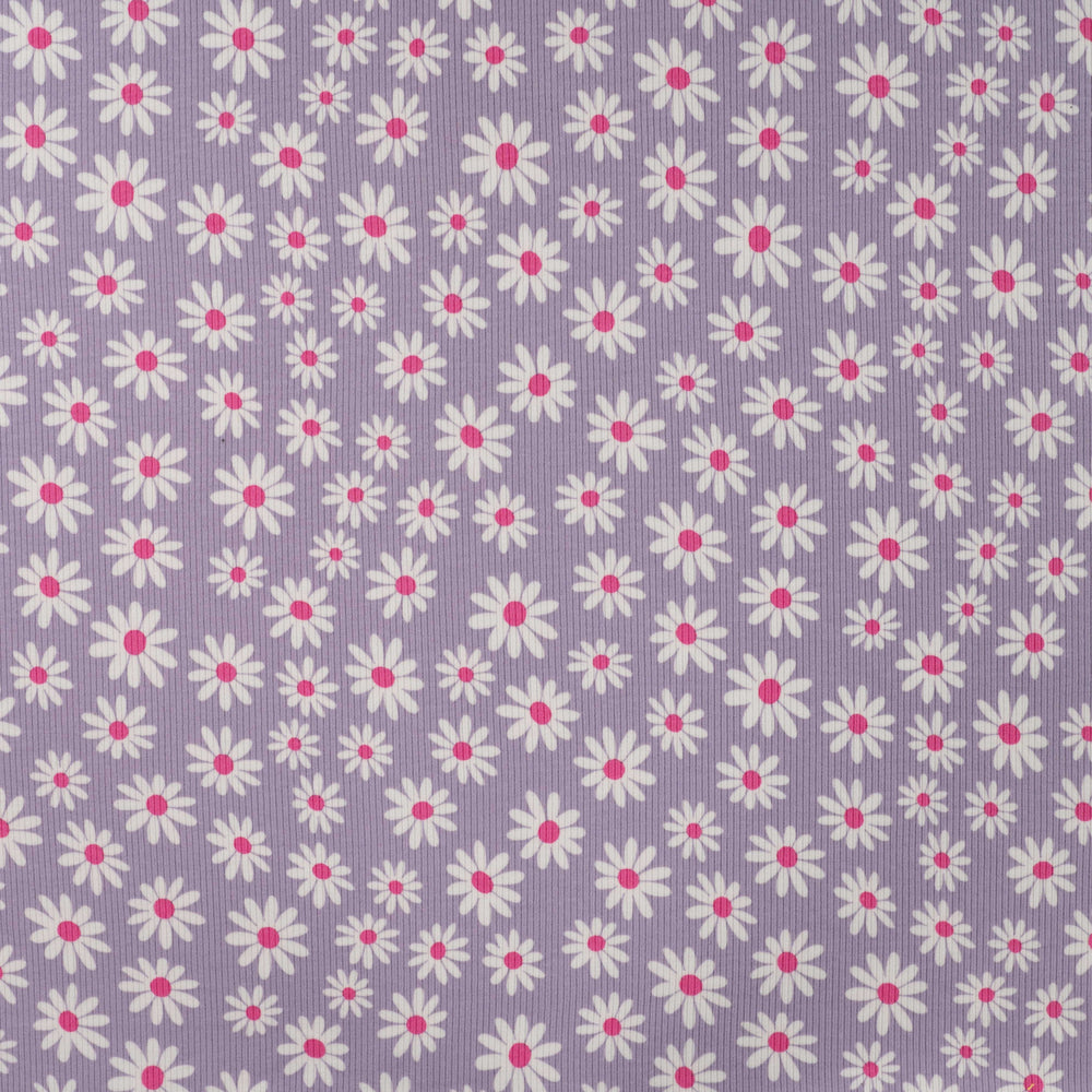 Ribtricot jersey stof lila met witte madeliefjes.