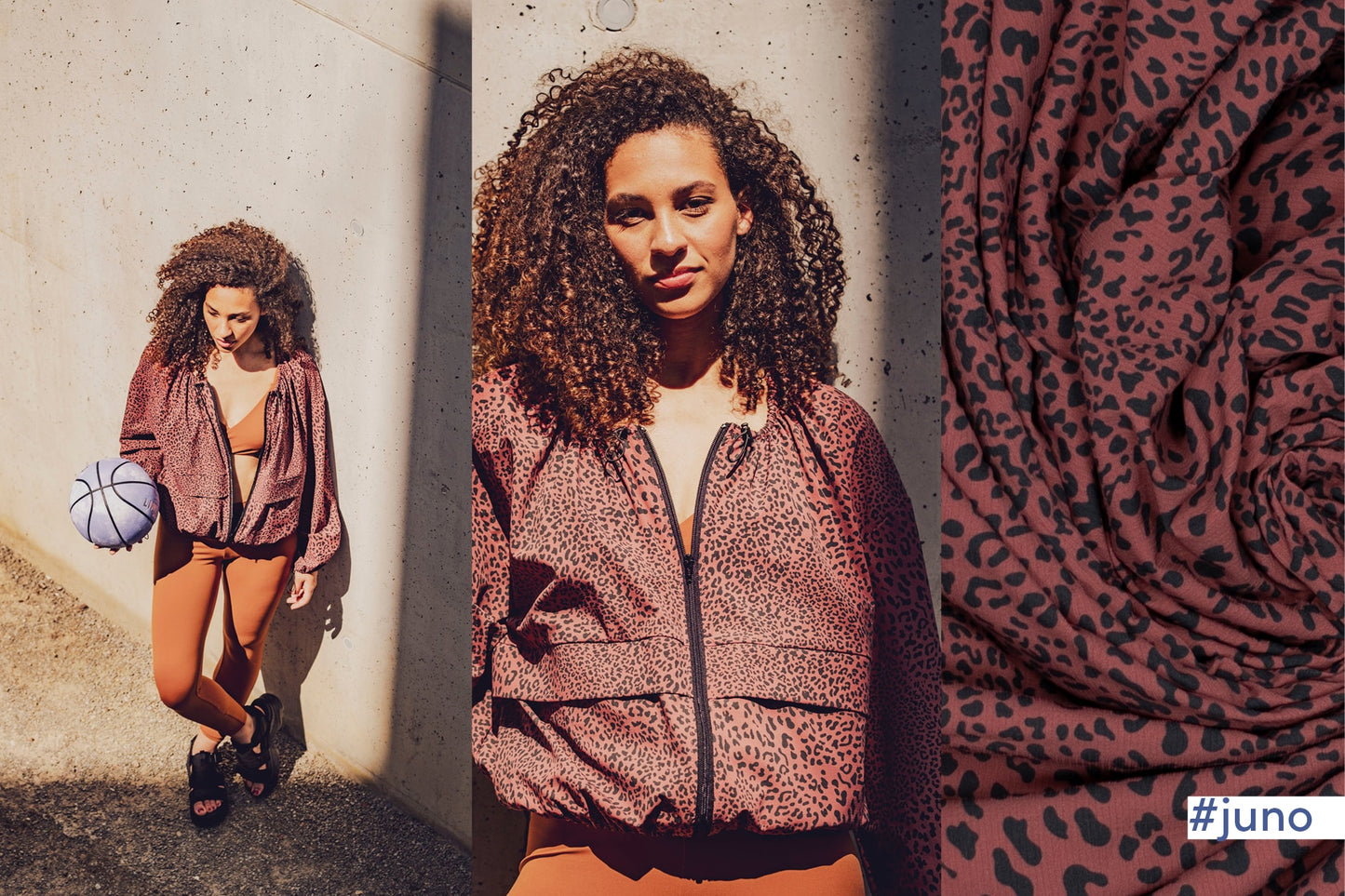 Jasje Juno uit de fibre mood special 4 sports gemaakt van steenrode waterproof nylon rib stop stof leopard van Fibre Mood.