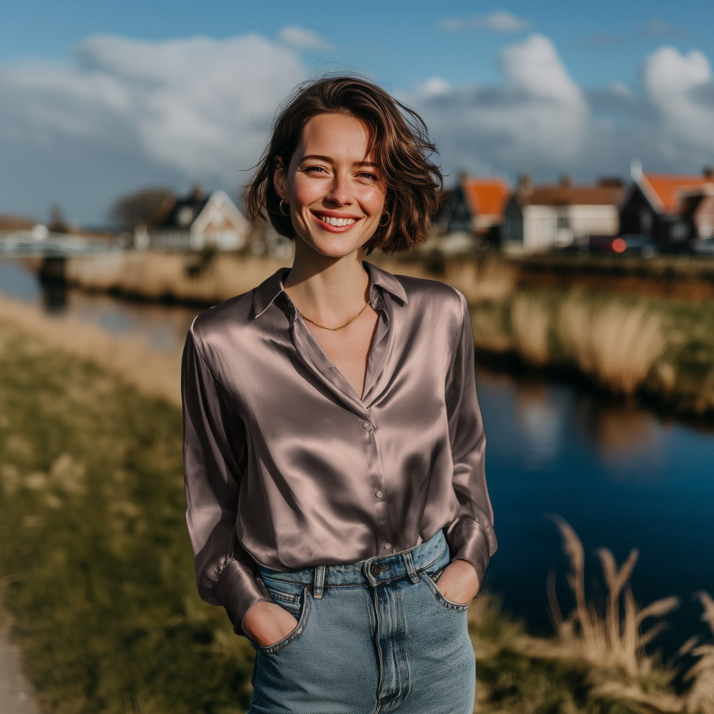 Blouse gemaakt van stretch satijn stof in de kleur roze