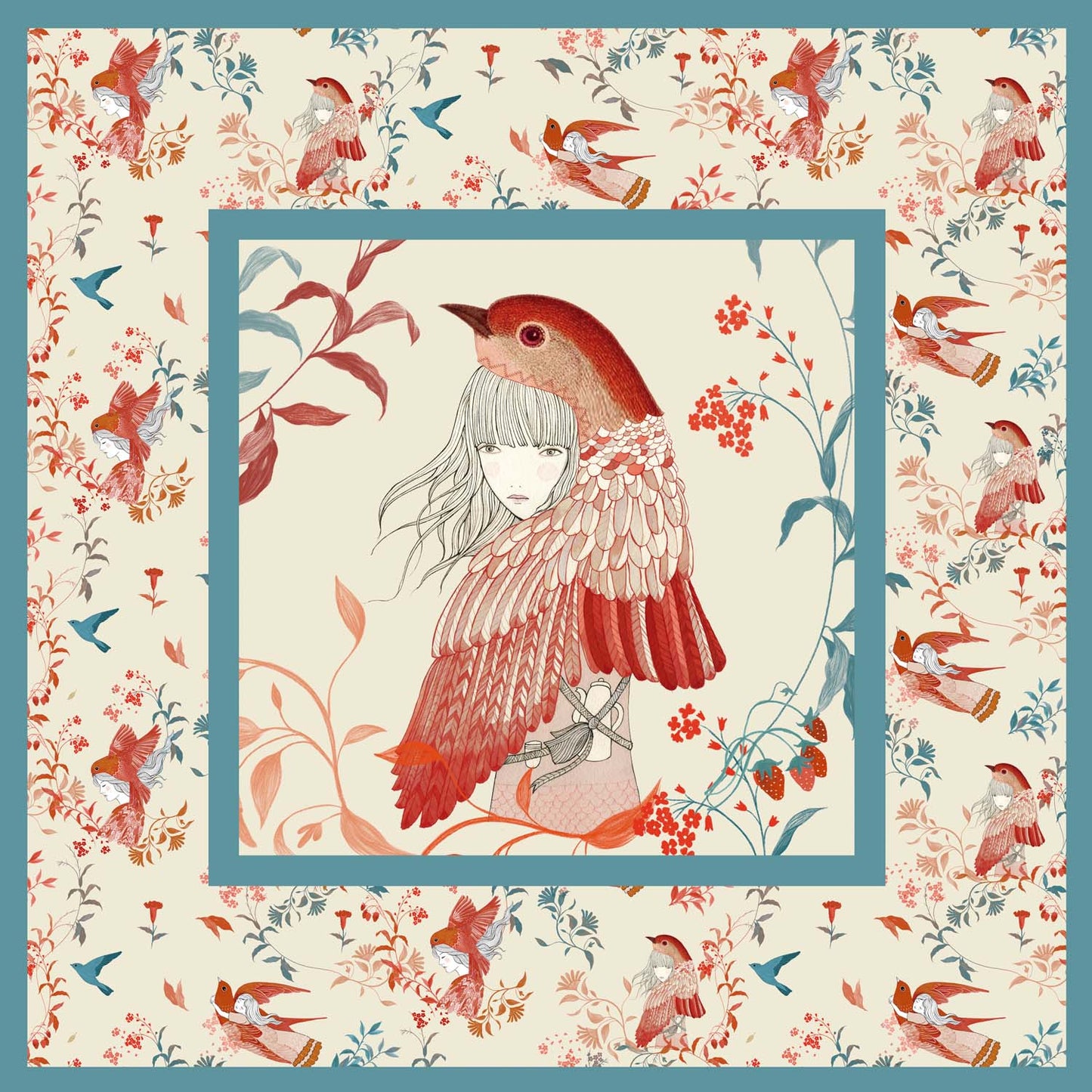 Sjaal paneel met botanische print van vrouw vogels en planten.