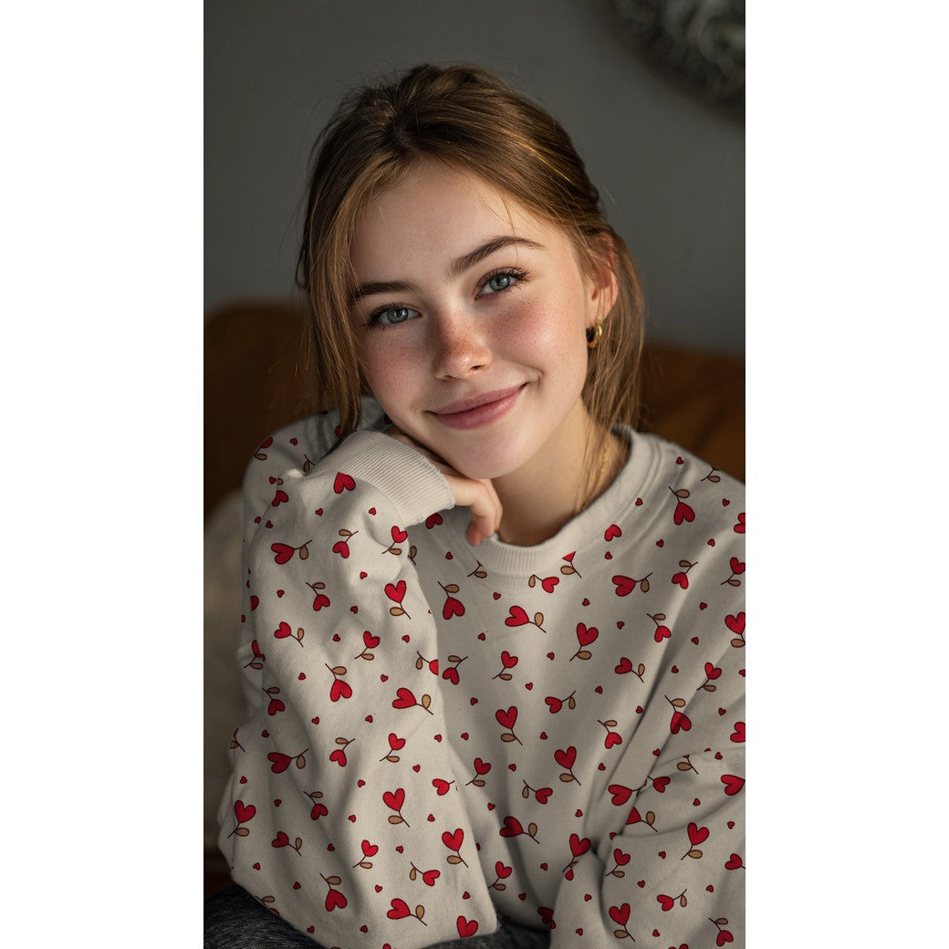 Trui gemaakt van sweatstof in natural met fuchsia, rode hartjes