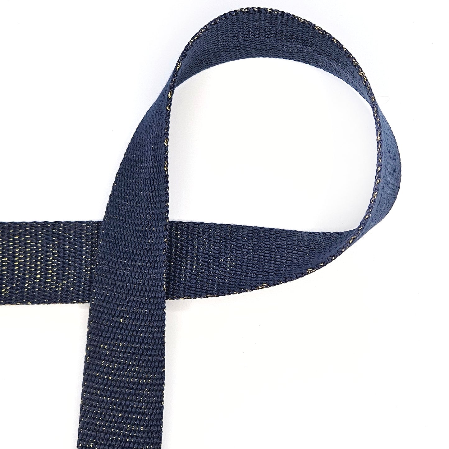 Marine blauwe katoenen tassenband met goude lurex 30mm.