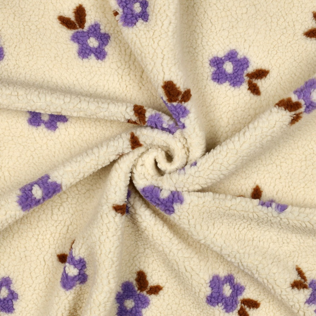 Teddy jacquard stof bloemen in ecru 