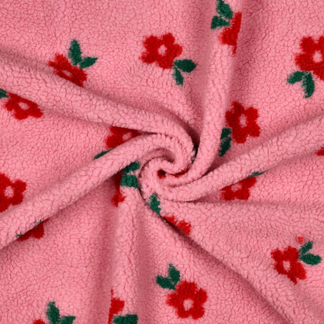 Teddy jacquard stof bloemen in roze