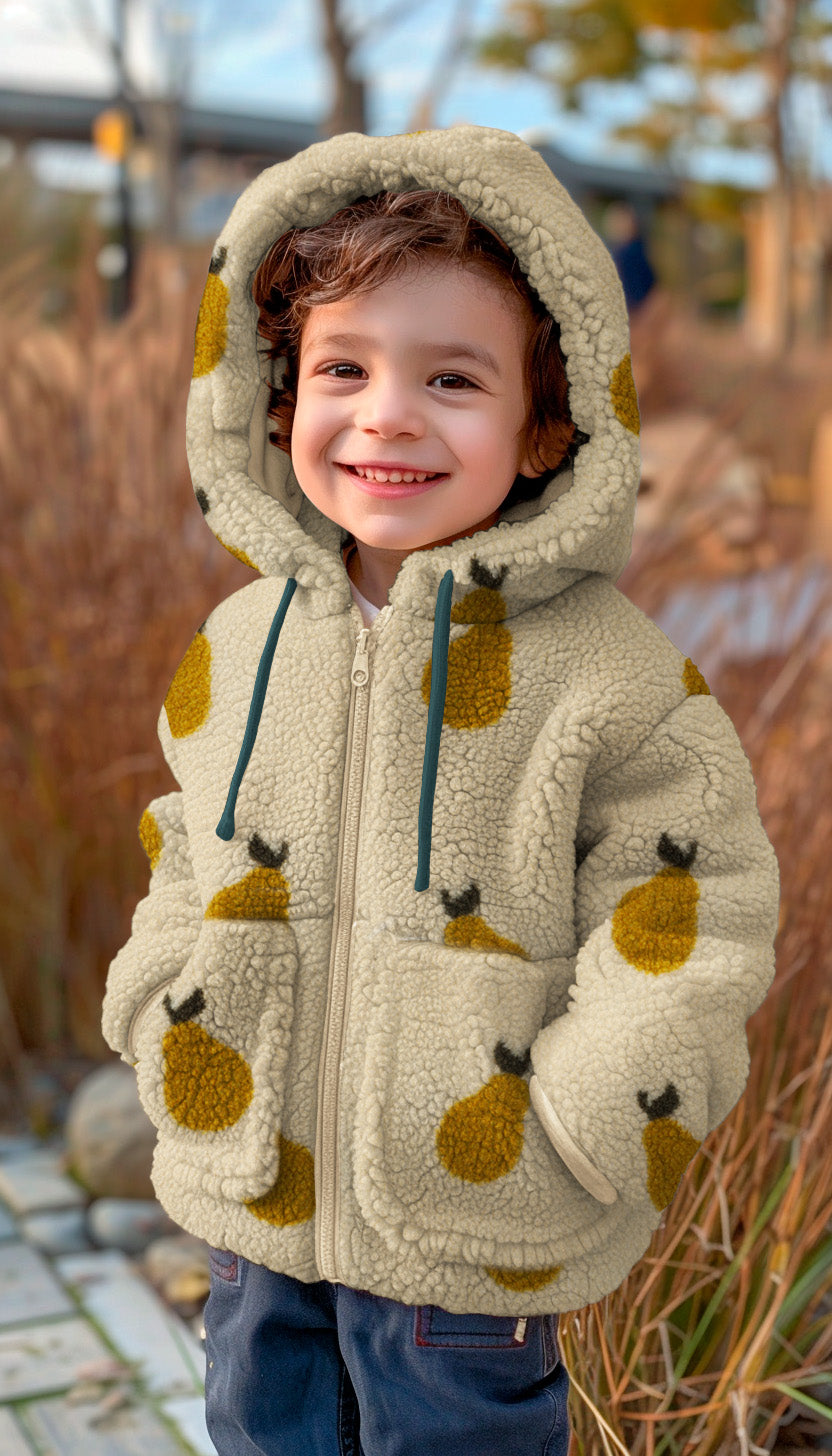 Jasje gemaakt van teddy jacquard stof met perenprint in ecru en old lime