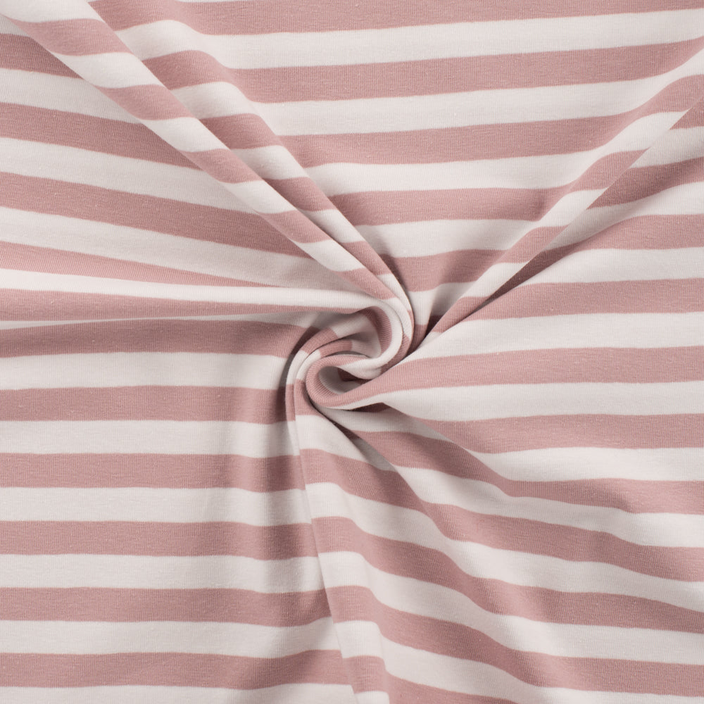 Jersey stof met horizontale strepen van 1 cm in de kleuren wit en nude roze
