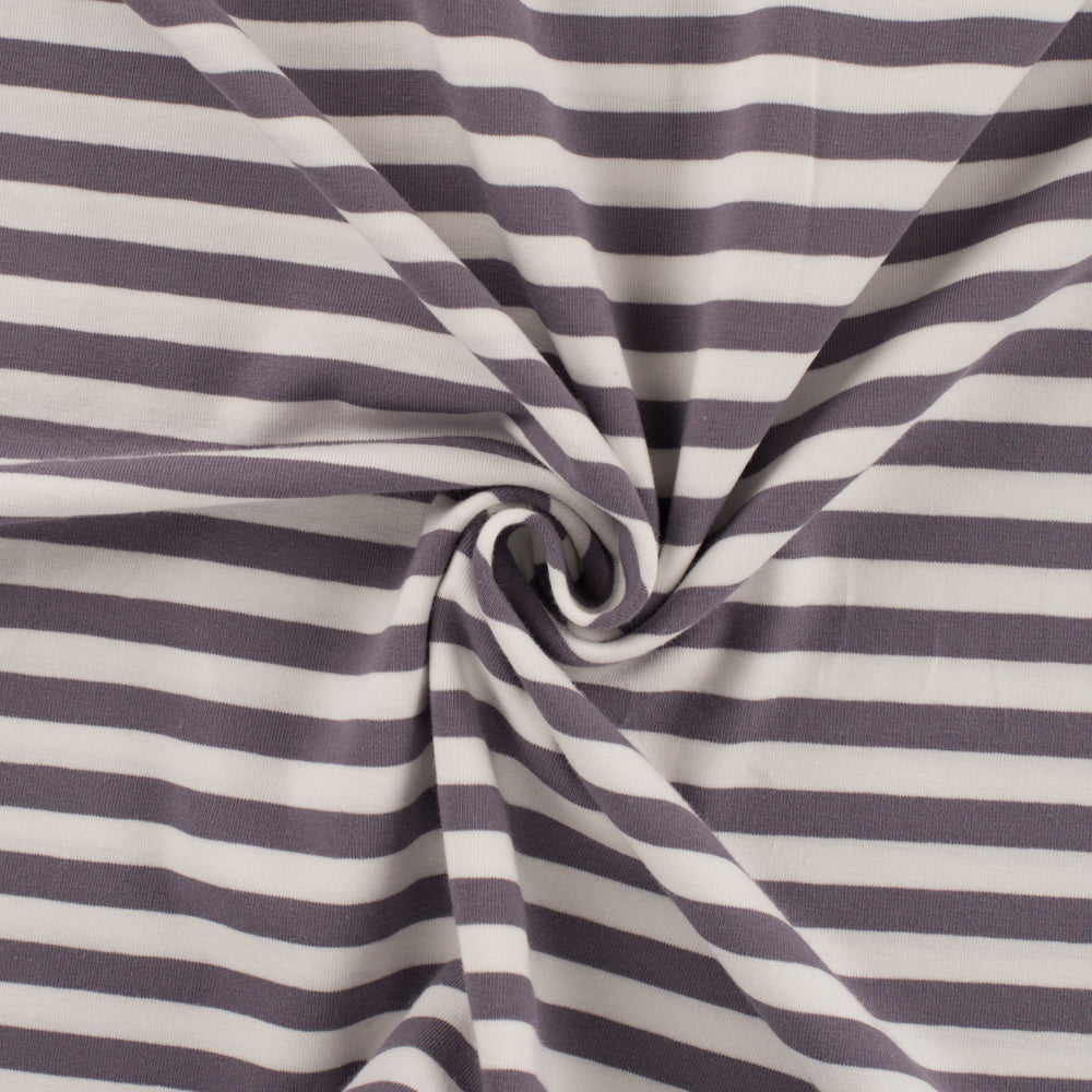 Jersey tricot stof horizontale streep 1 cm grijs wit