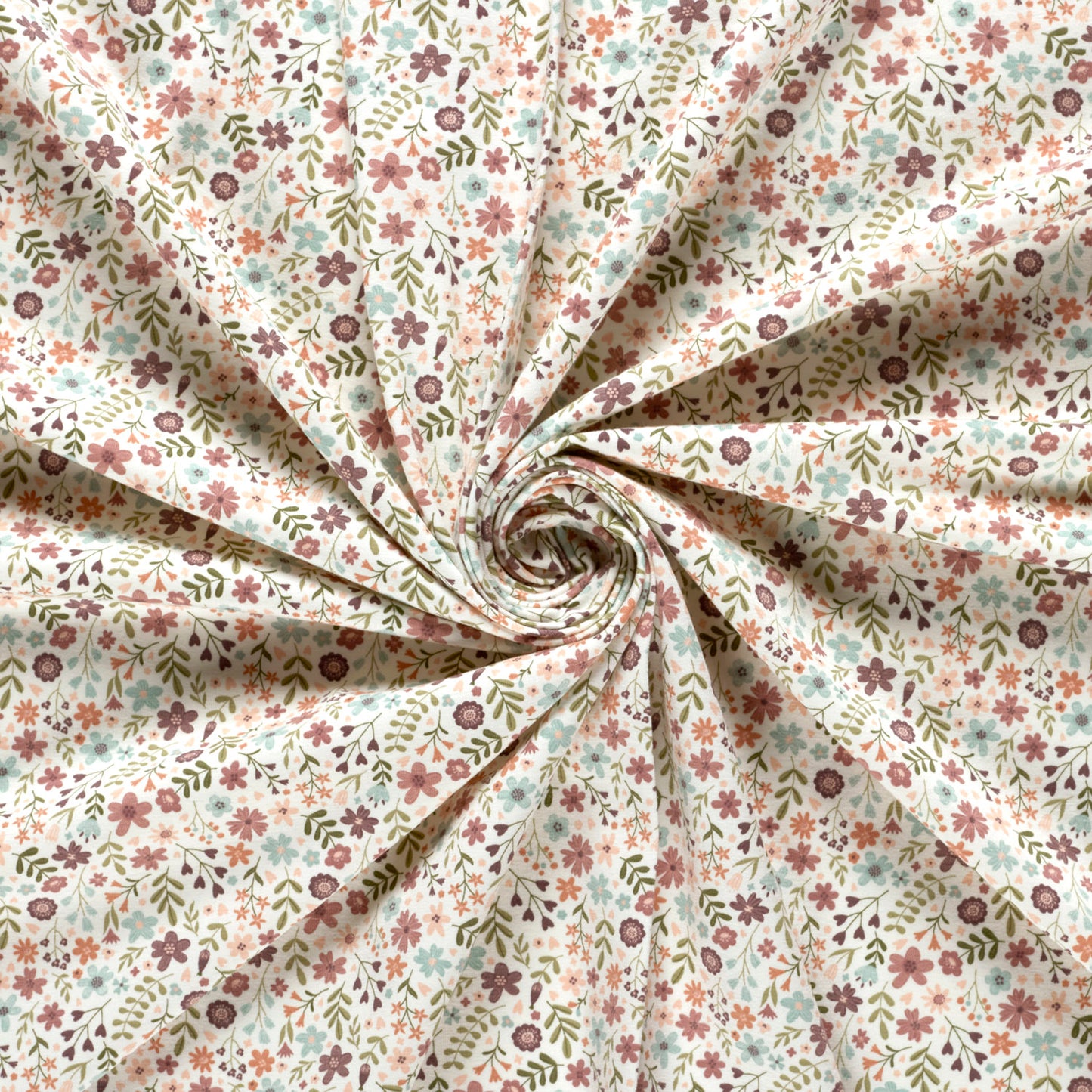 Tricot jersey stof met zomerse bloemetjes en blaadjes in gebroken wit