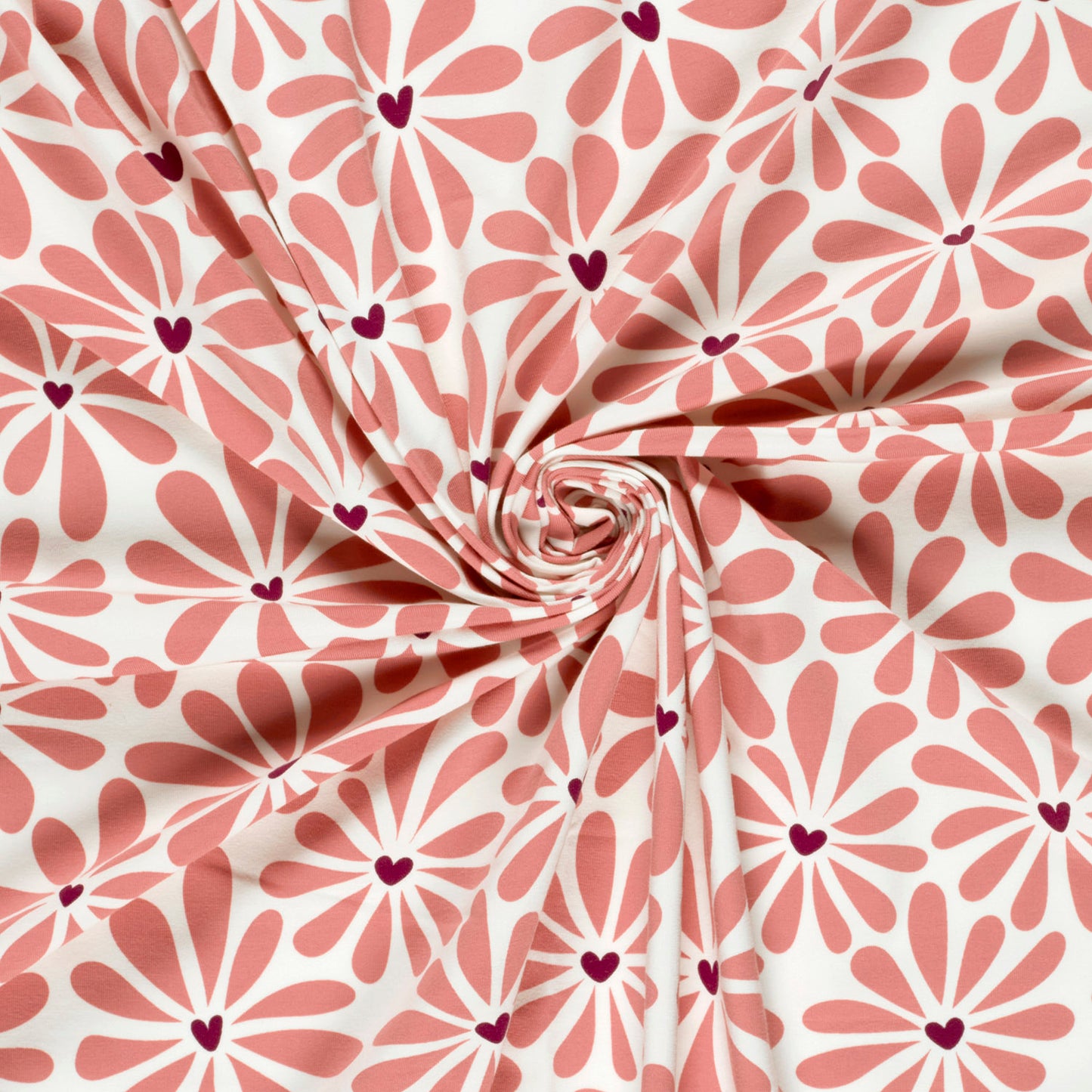 Tricot stof met grote roze bloemen en klein hartje in gebroken wit