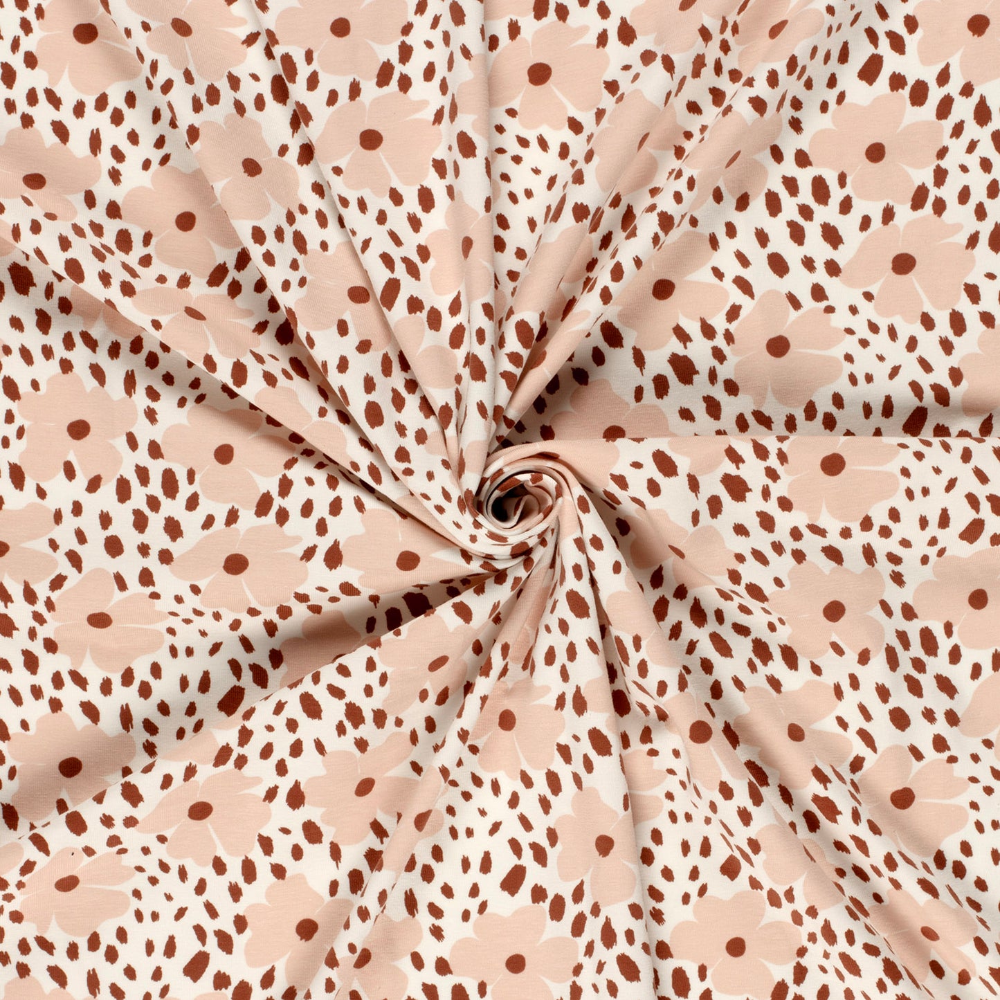 Tricot jersey stof met grote roze bloem en dierenprint in gebroken wit