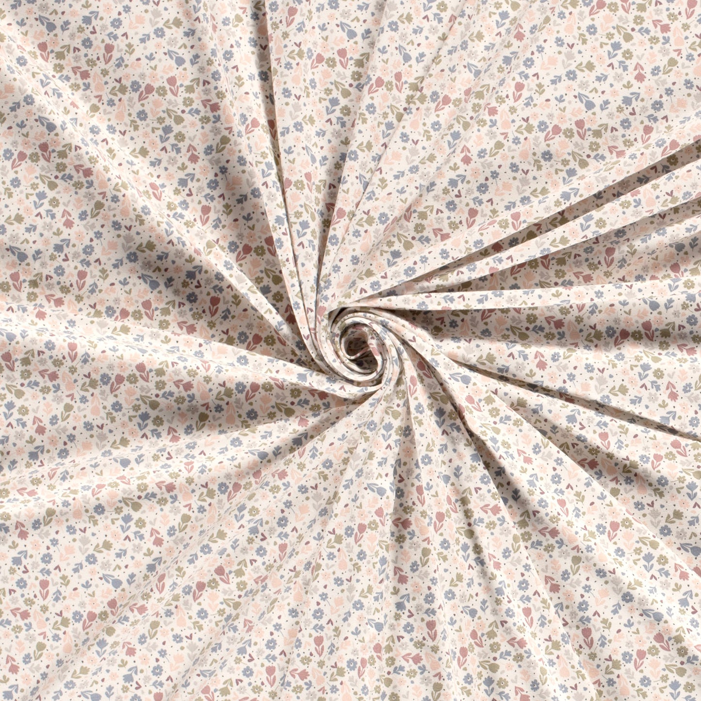 Tricot stof met pastel kleurige bloemetjes in gebroken wit