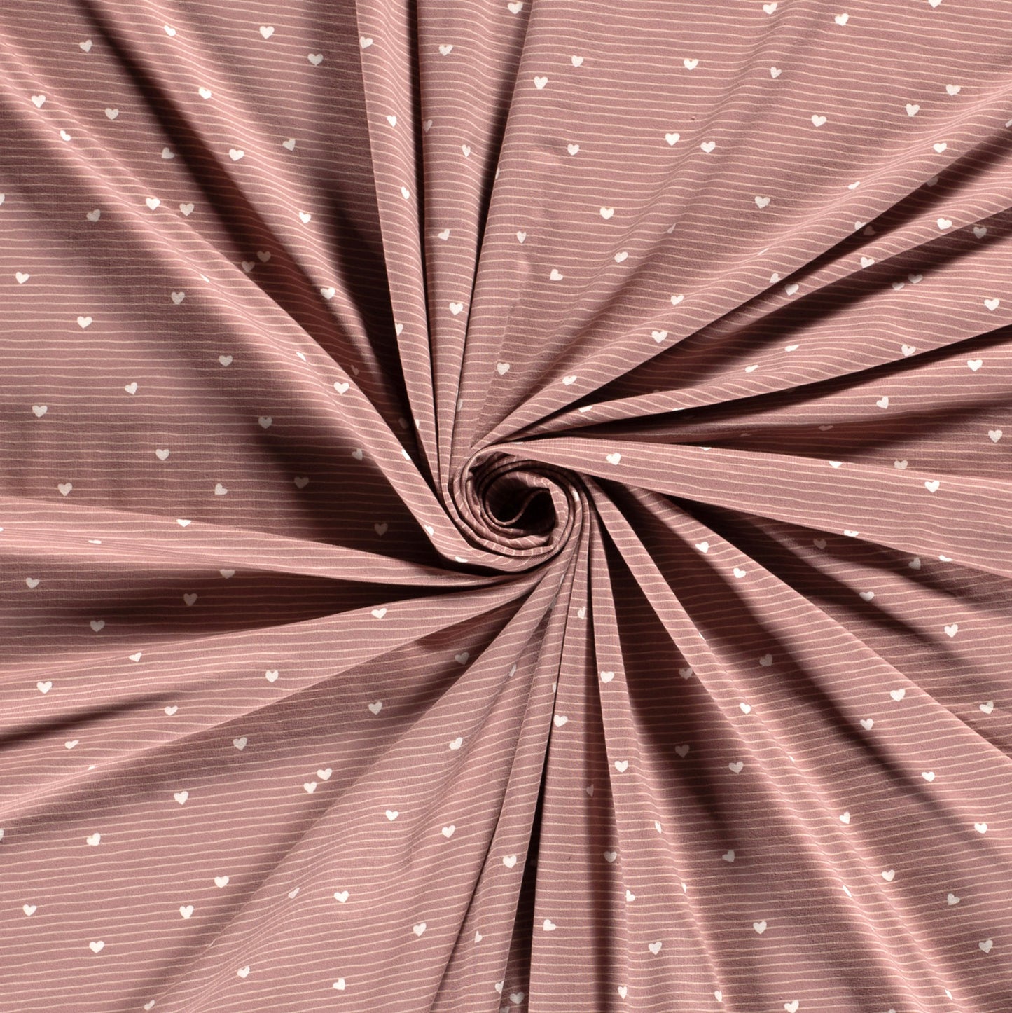 Tricot stof met kleine hartjes en streepjes in oud roze of oud paars