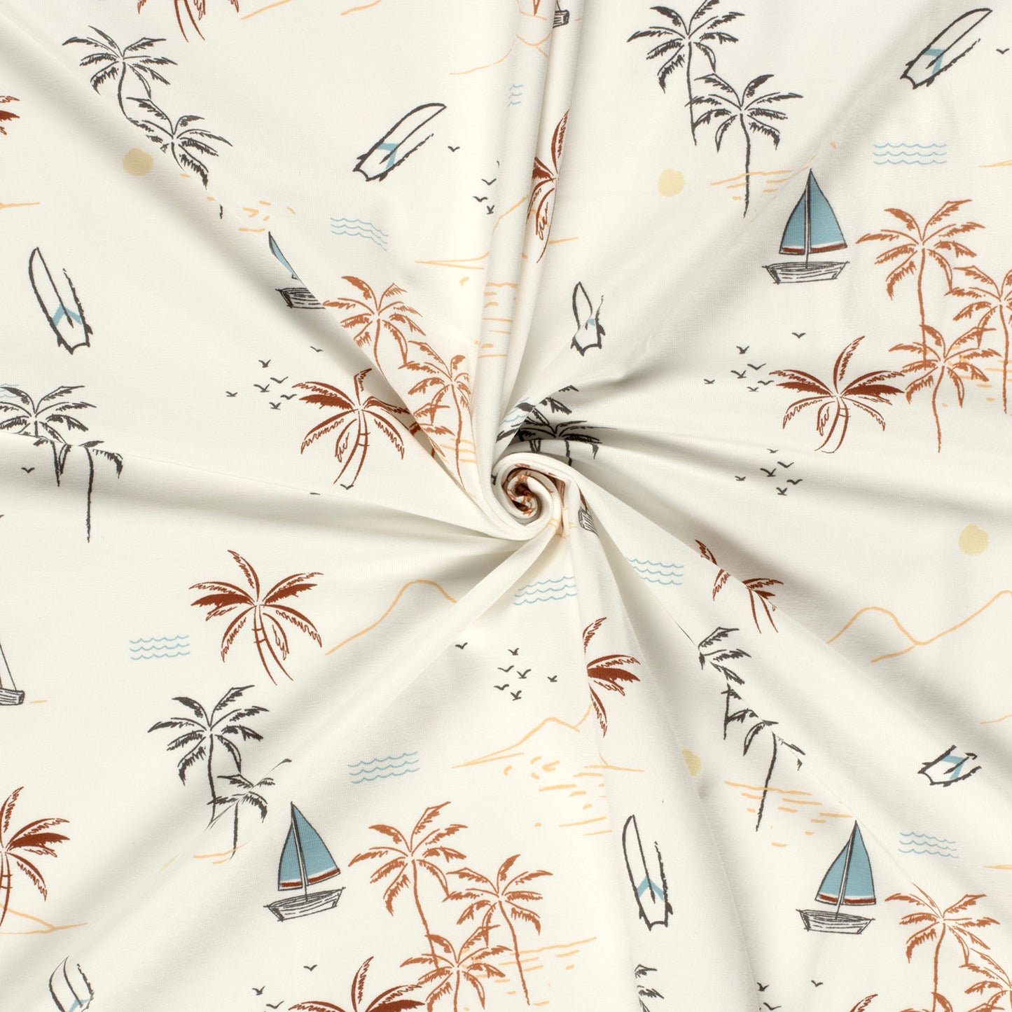 Tricot jersey stof palmbomen in gebroken wit