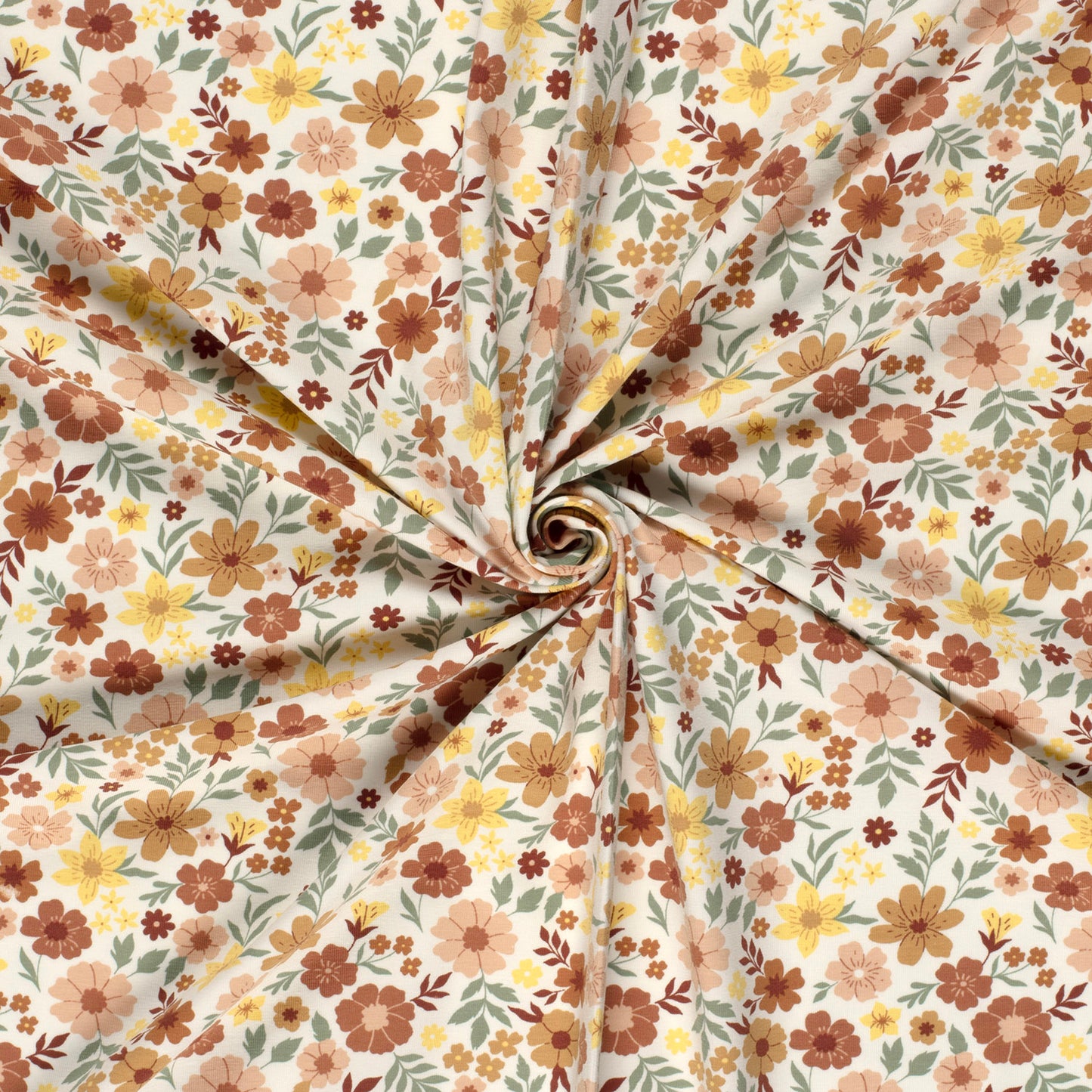 Tricot jersey stof met zomer bloemen in gebroken wit