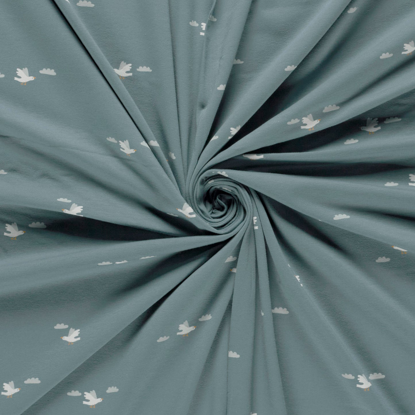 Tricot jersey stof in vogels in indigo blauw