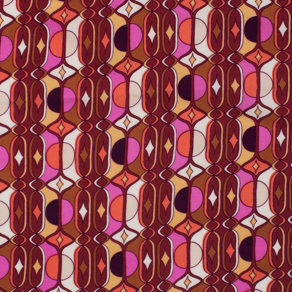 Wijnrode met roze en oranje viscose met grafische print voor een jurk of blouse.