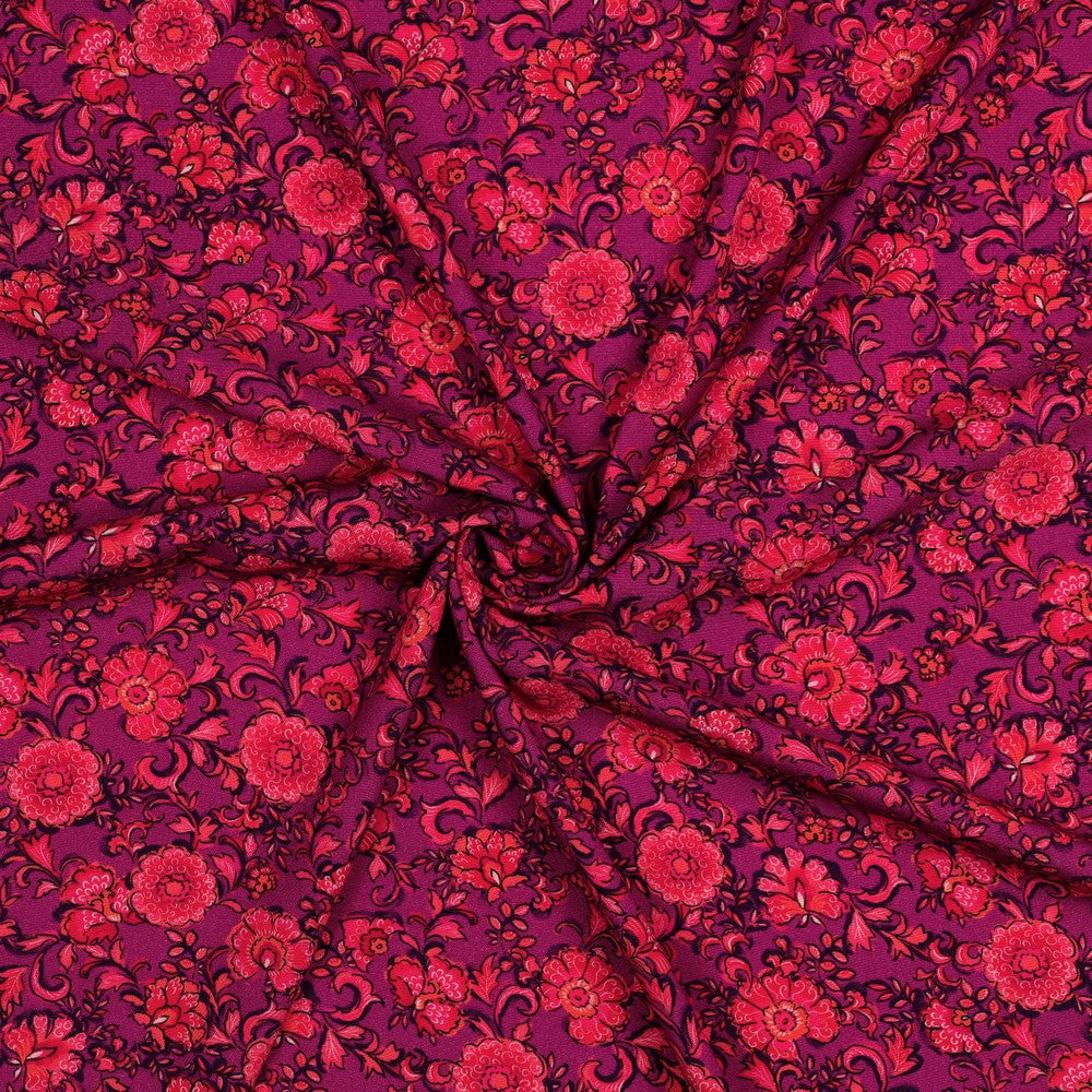 Fuchsia roze viscose poplin stof met digitale bloemenprint en stretch