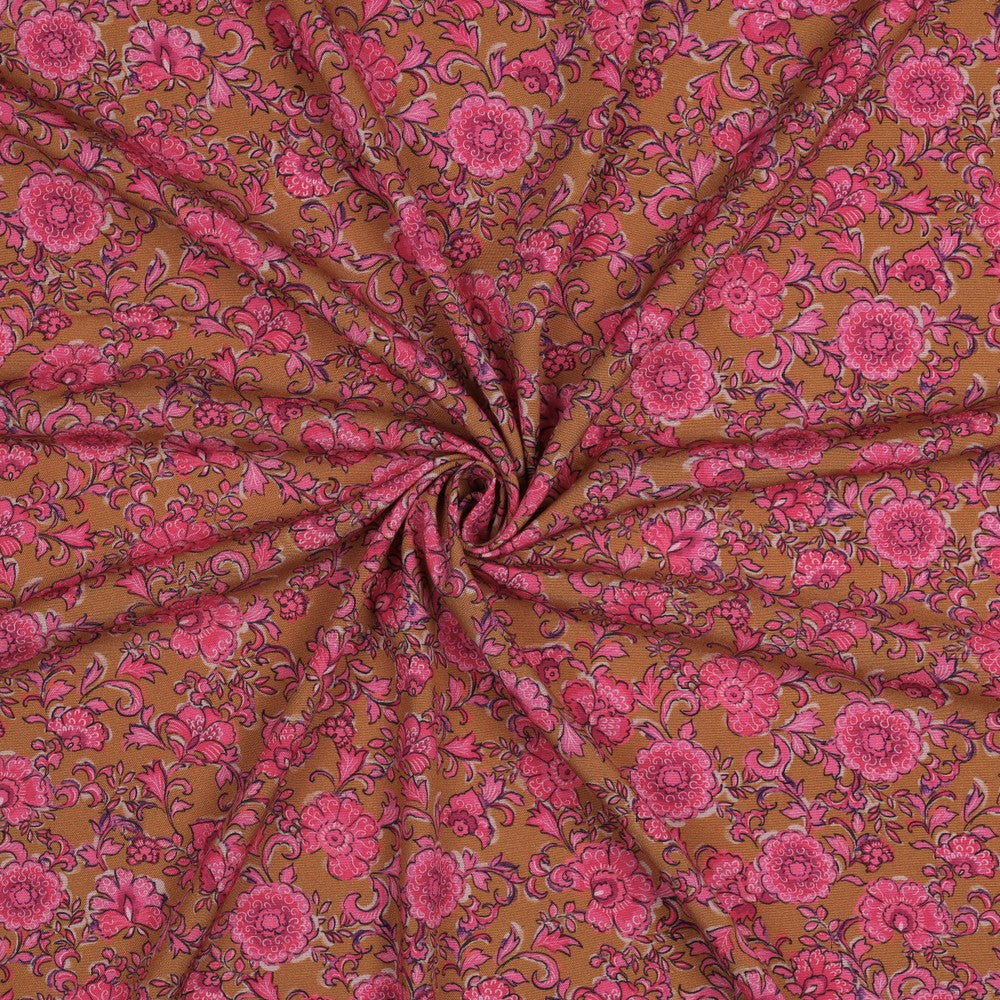 Oker gele en roze viscose poplin stof met digitale bloemenprint en stretch