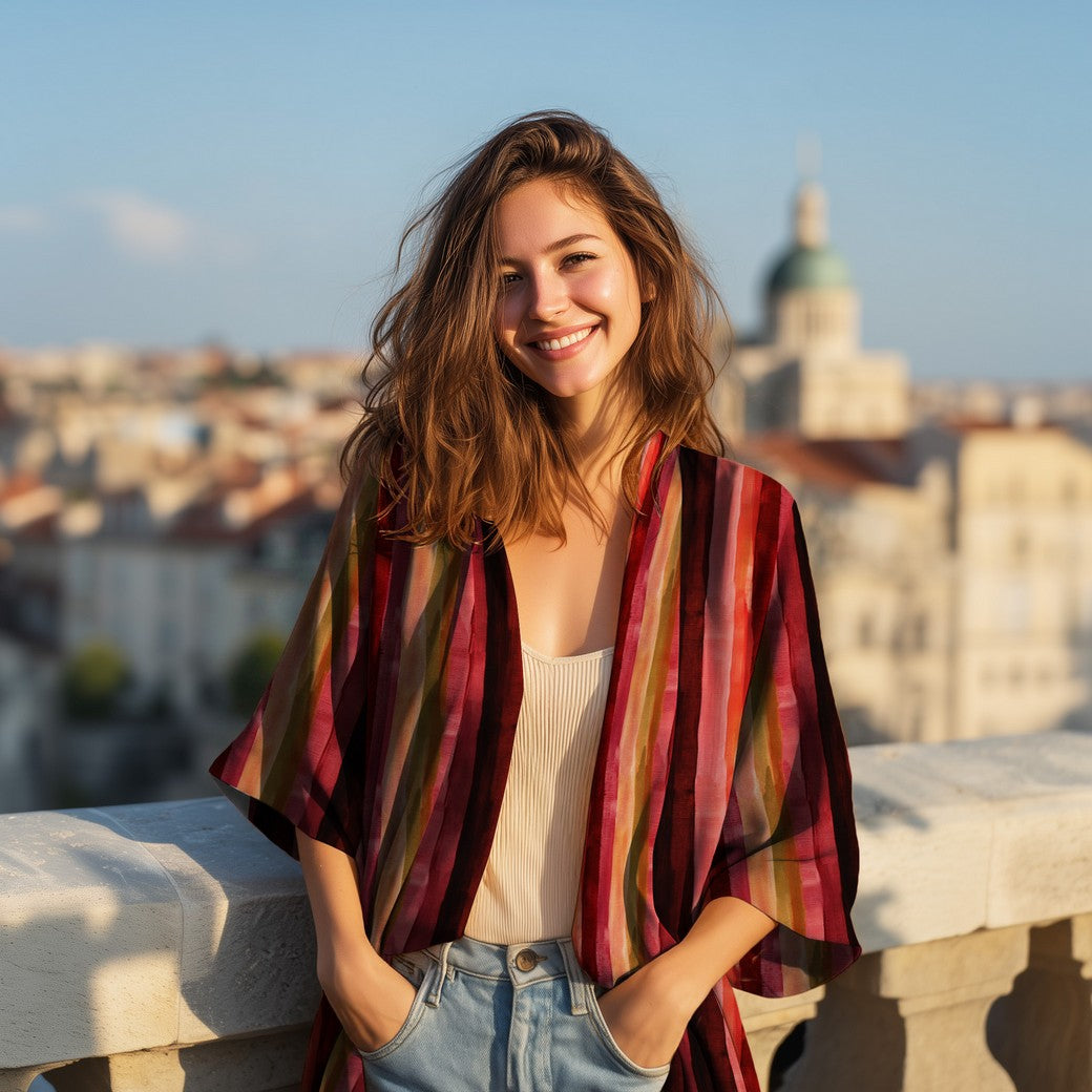 Blouse gemaakt van viscose stof met digitale strepen in bordeaux