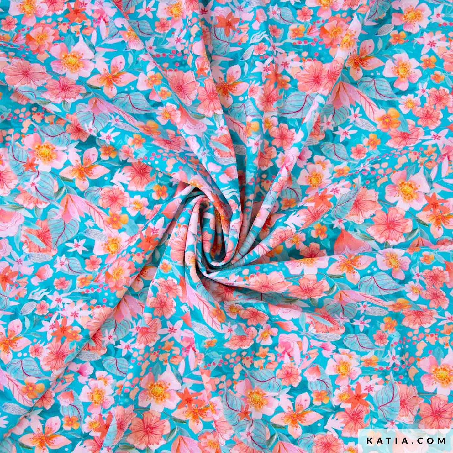 Elastische polyester stof voor een badpak of bikini, in de kleuren turquoise en roze met bloemetjes.
