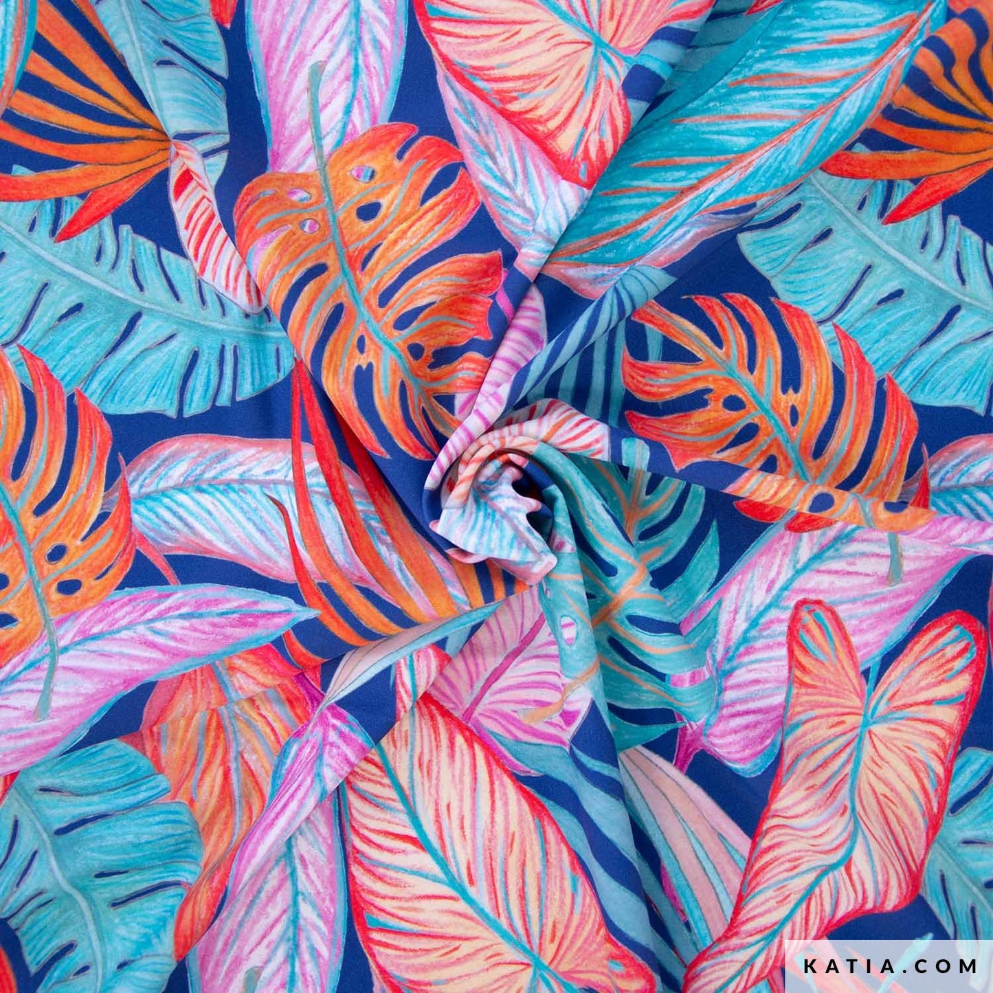 Stof voor het maken van een badpak of bikini in felle kleuren, zoals blauw, oranje, roze en turquoise met tropische grote bladeren.
