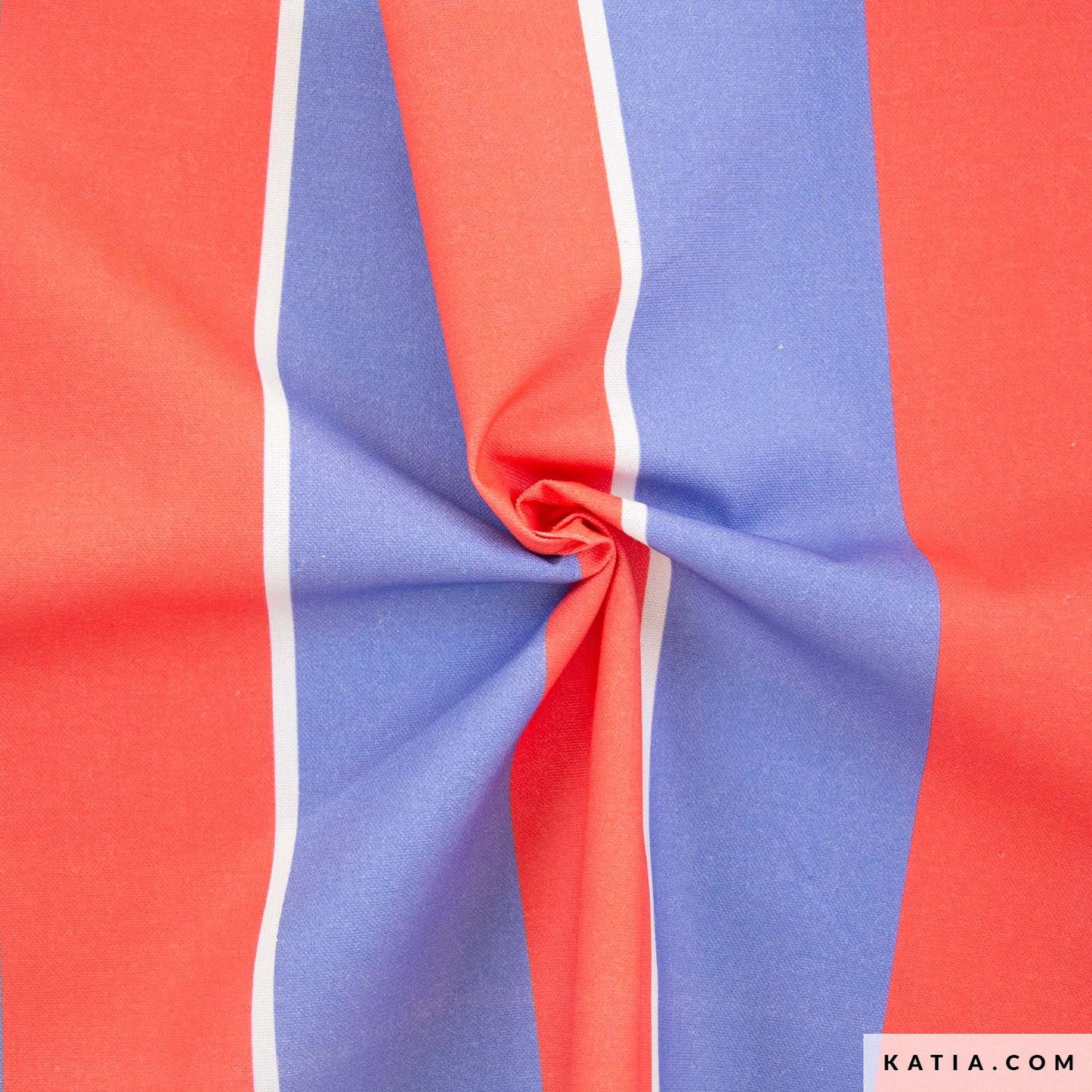 Canvas stof met brede strepen in de kleuren fel rood en lavendel paars, voor het maken van bijvoorbeeld een tas of kussen.