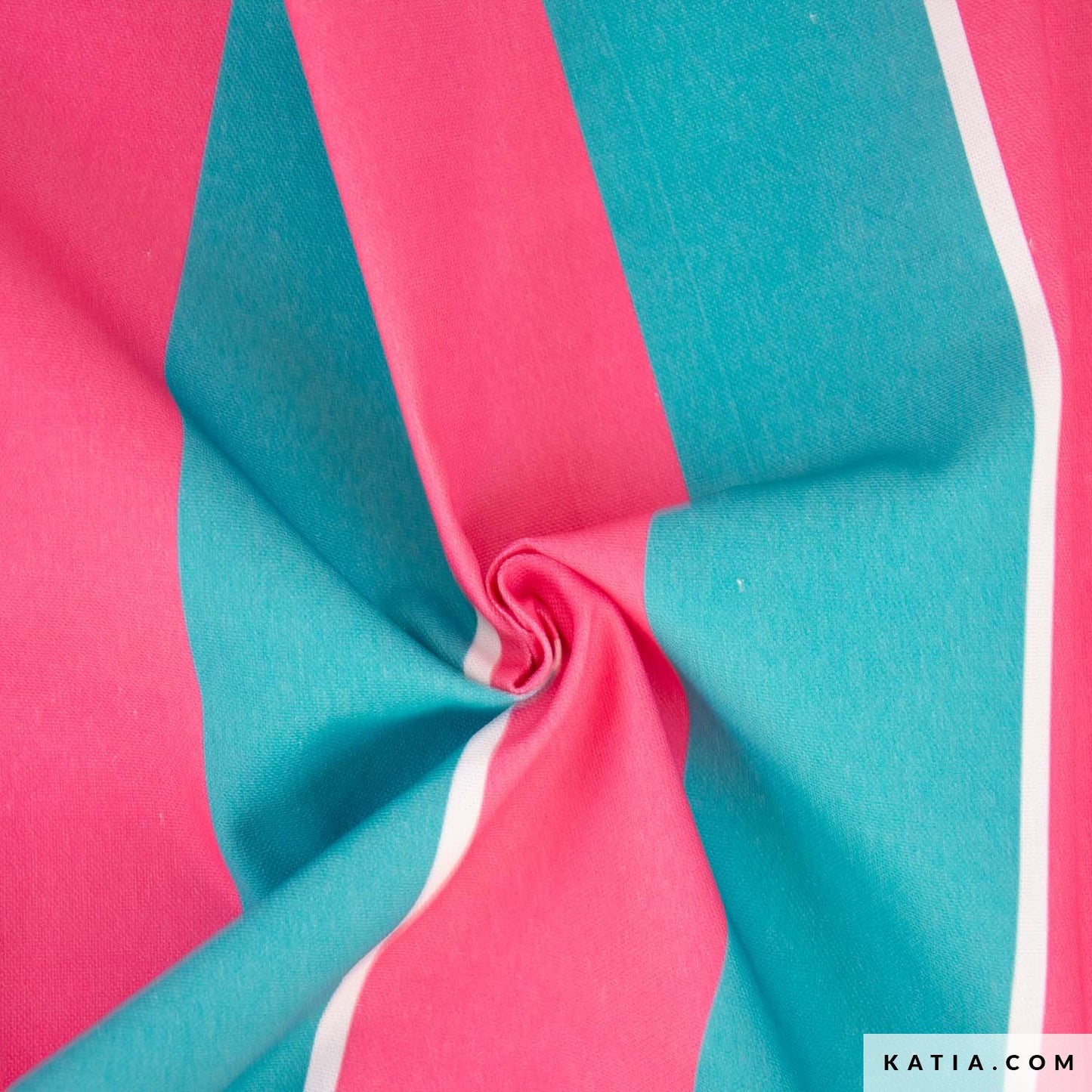 Canvas stof met brede strepen in de kleuren fel roze en turquoise groen, voor het maken van bijvoorbeeld een tas.
