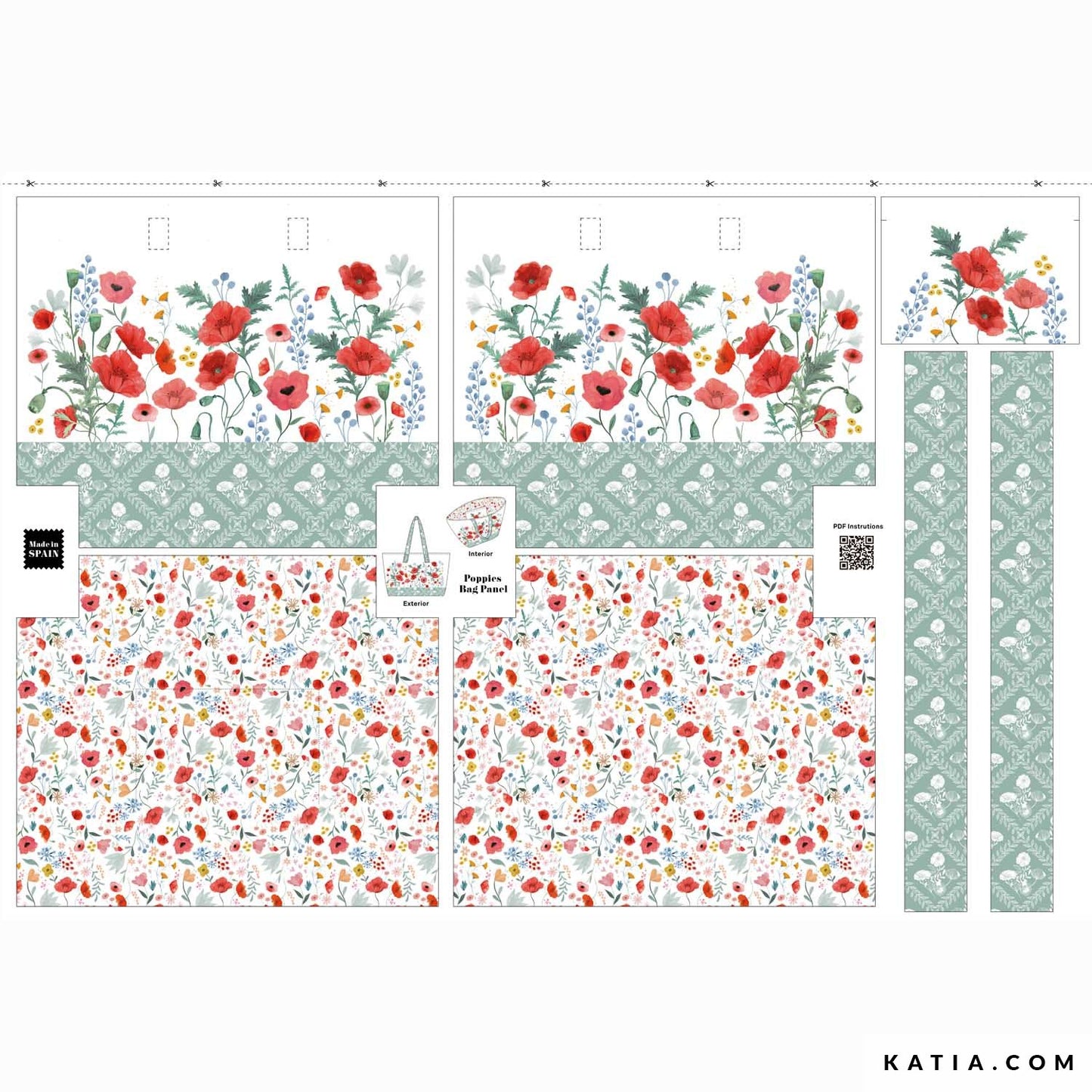Canvasstof paneel voor het maken van een tas in de kleuren wit en lichtgroen met rode bloemen.