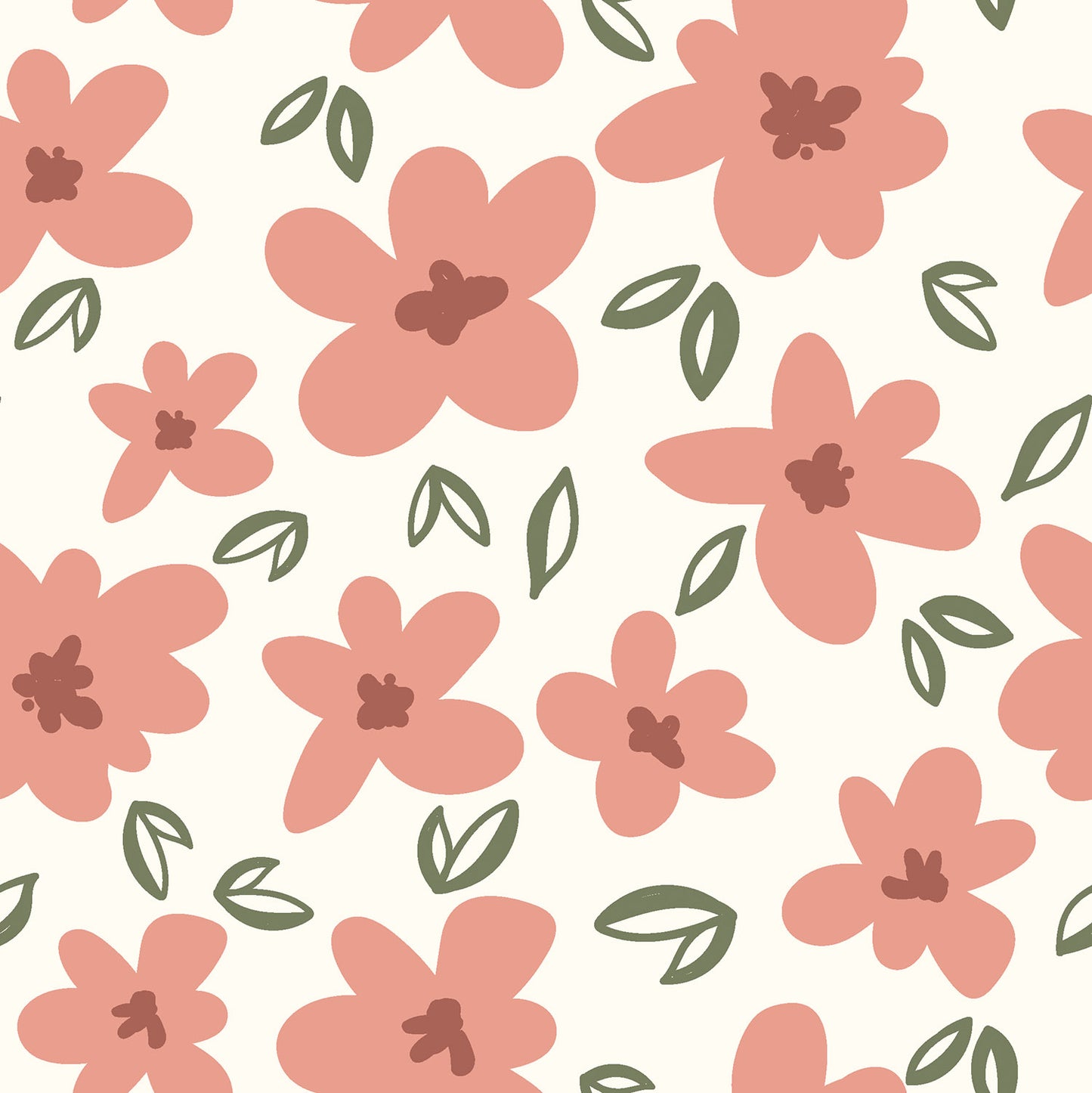 French terry stof met grote roze bloemen en groen blaadjes in gebroken wit