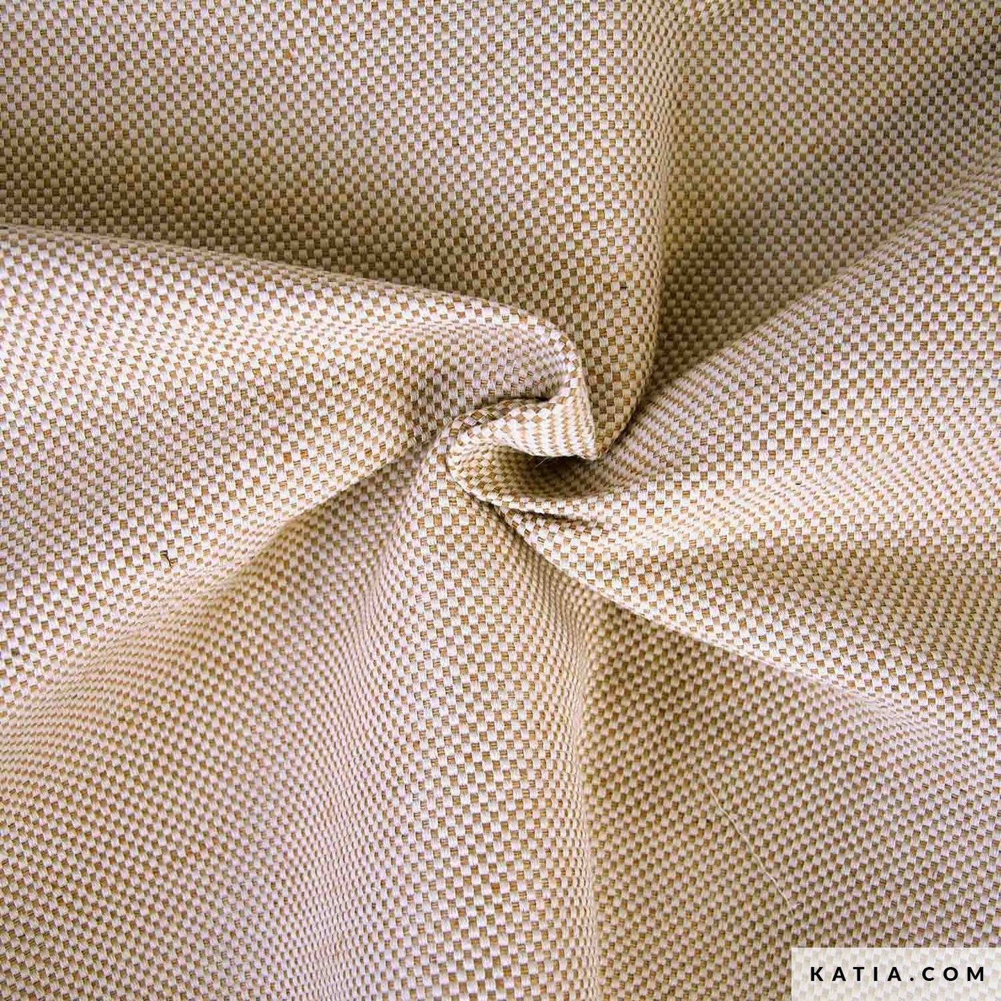 Zware katoen, linnen stof in de kleuren beige en lichtbruin met een klein ruitje voor bijvoorbeeld tassen en kussens.
