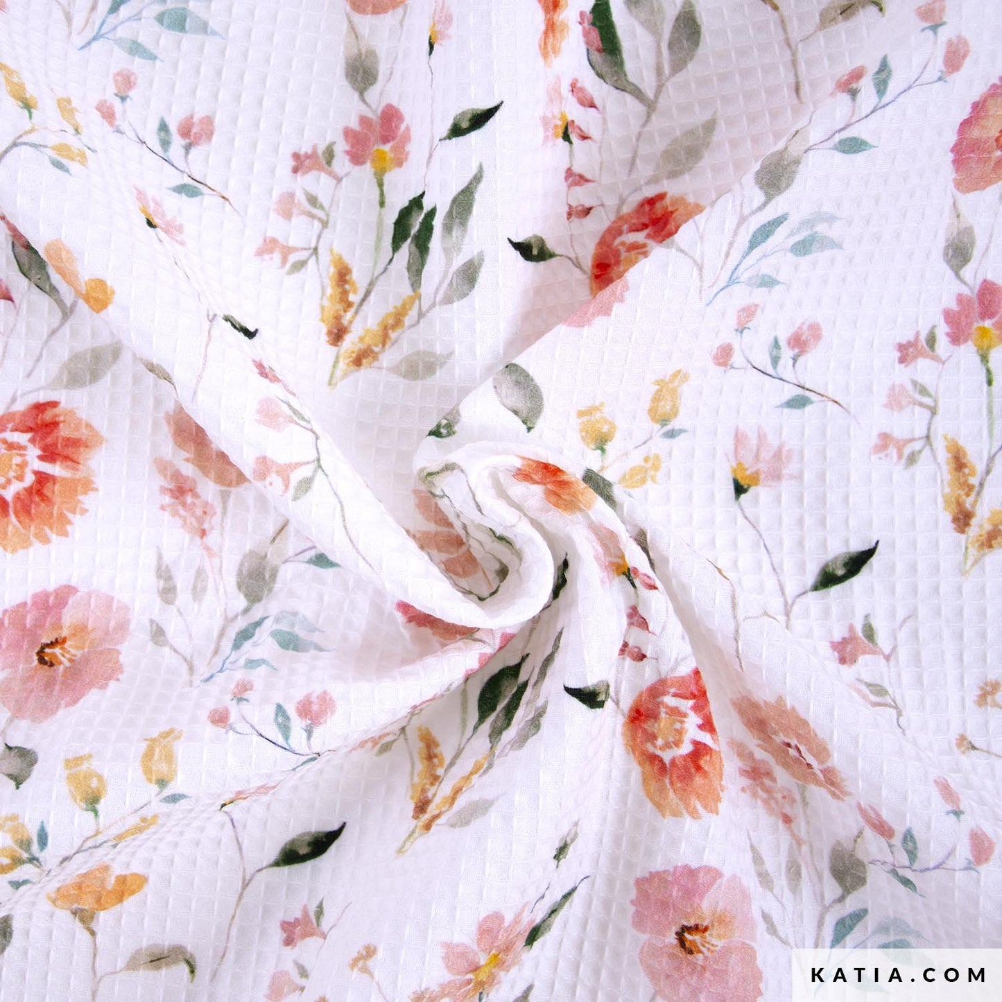 Katoenen wafelstof met bloemenprint in wit