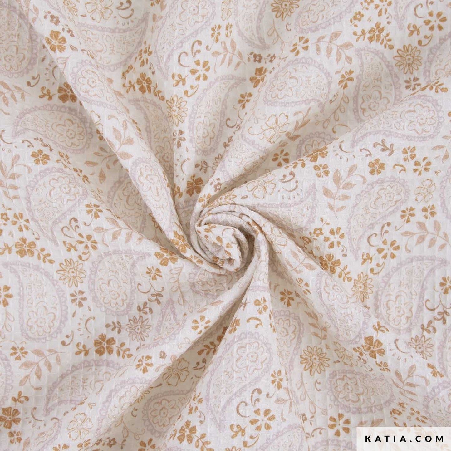Katoenen wafelstof met paisley print naturel beige