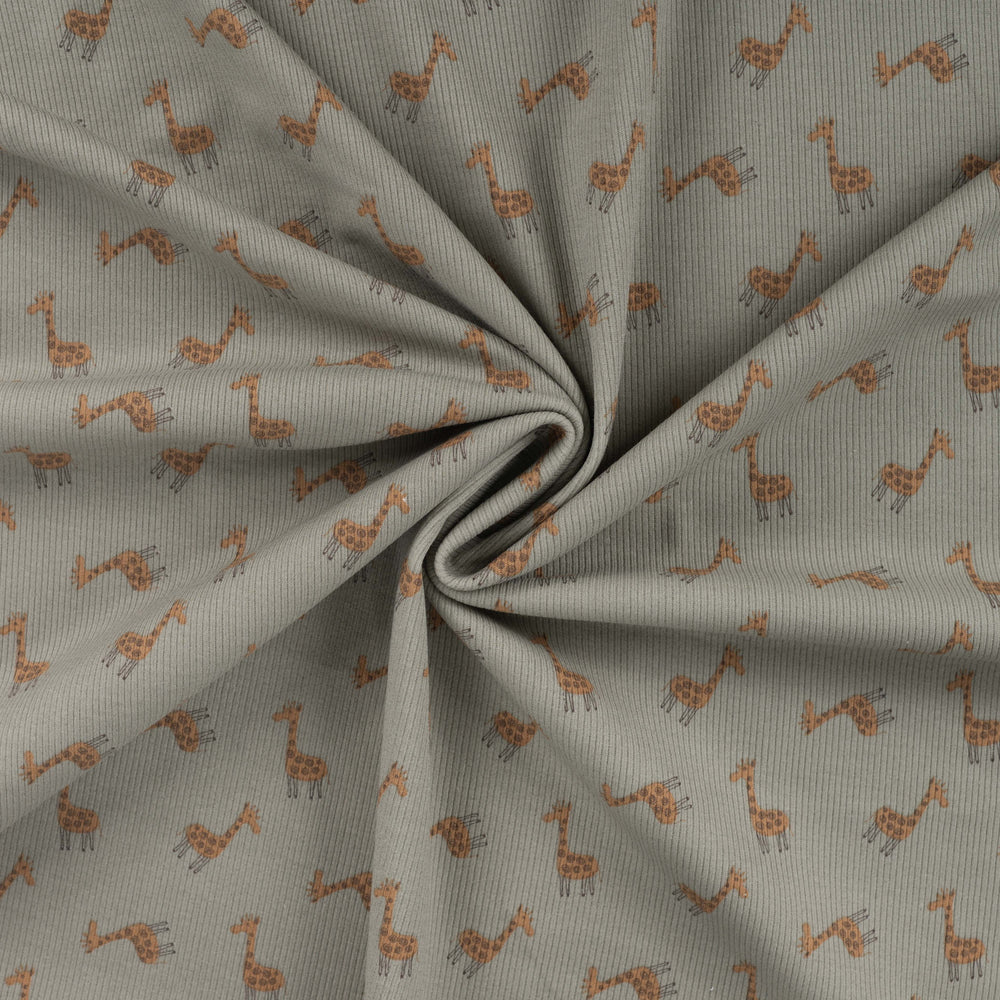 Kaki rib jersey stof met giraf voor babybroekje of babyshirtje.