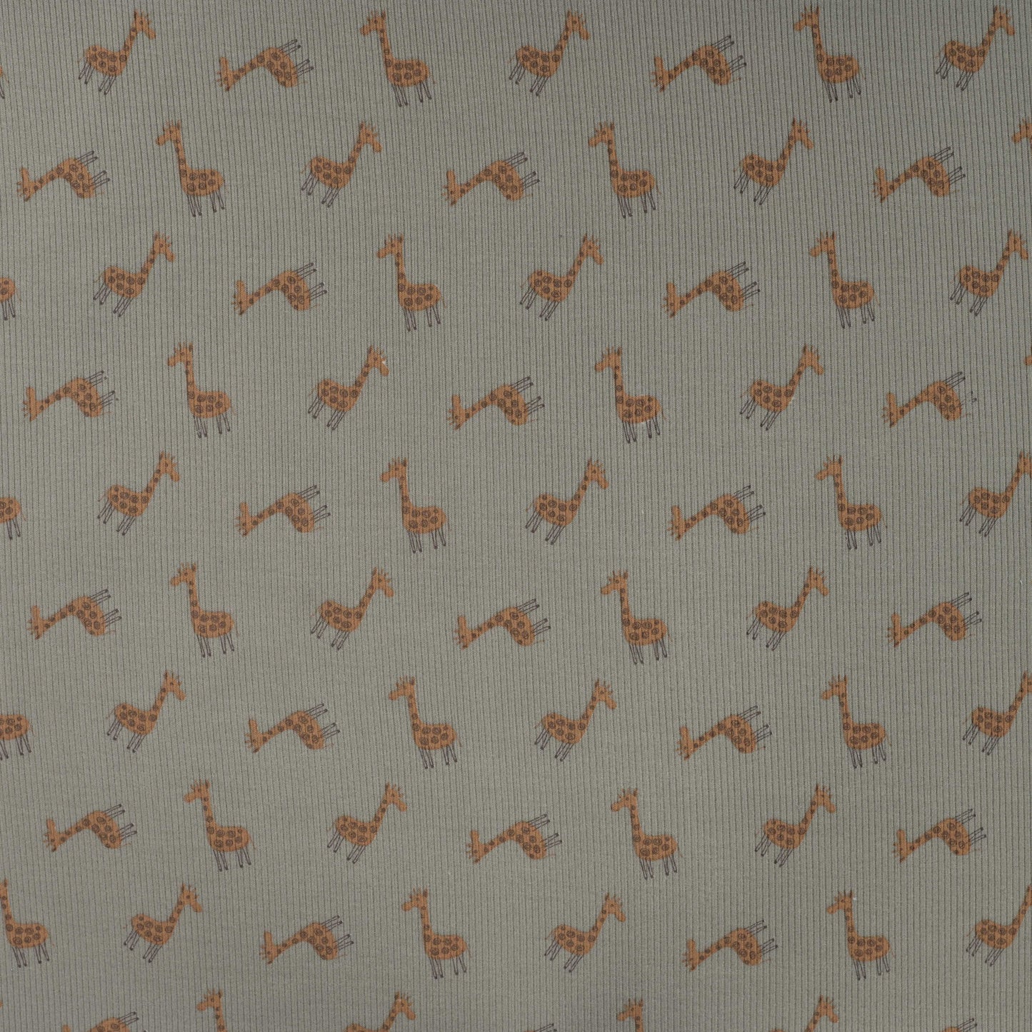 Ribtricot stof kaki met giraffen voor bijvoorbeeld babykleding.